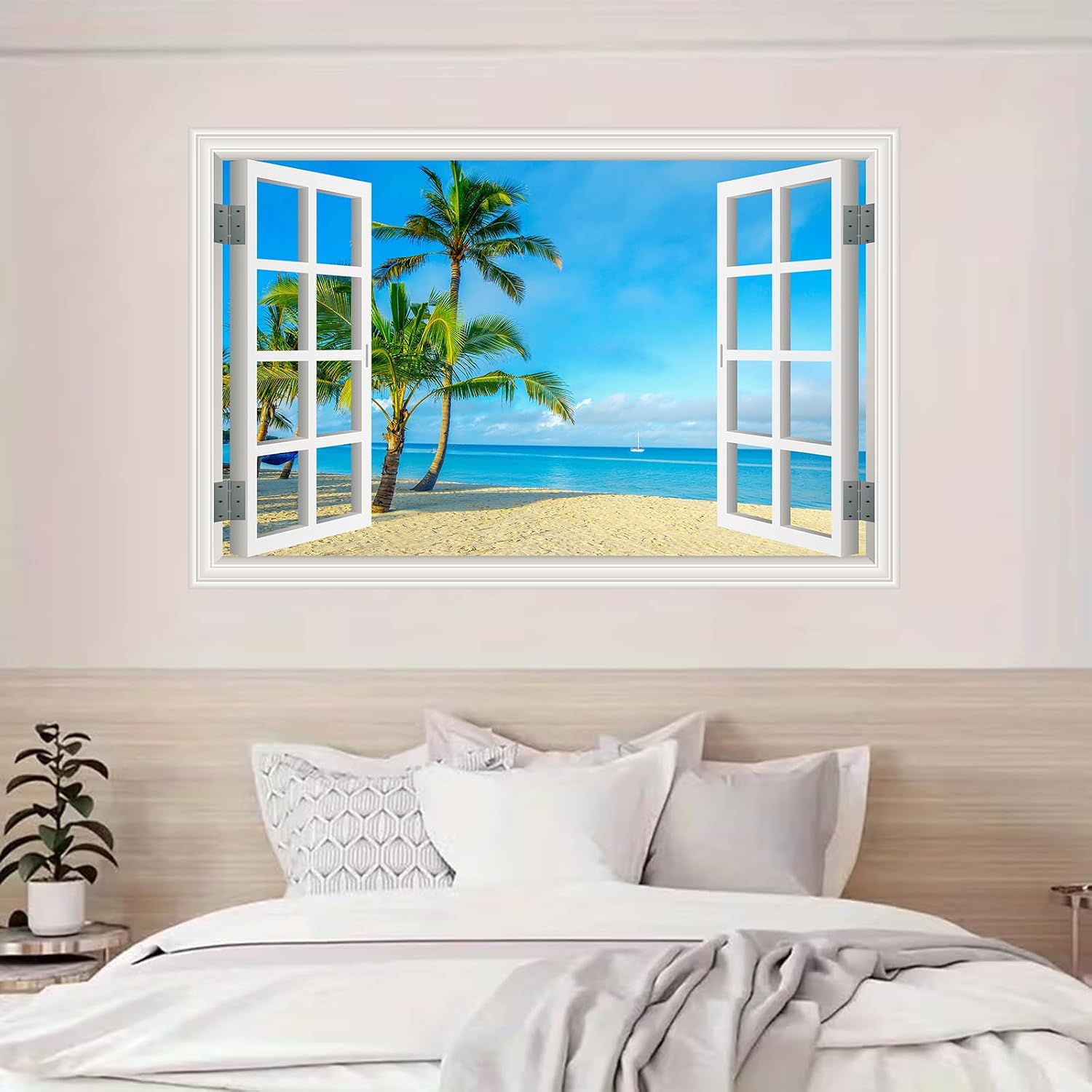 ‌Lmyhome Fake Window Wall Mural (64"x48")-Palm Tree Ocean Beach Peel and Stick Wall Sticker Decal for Home Decor