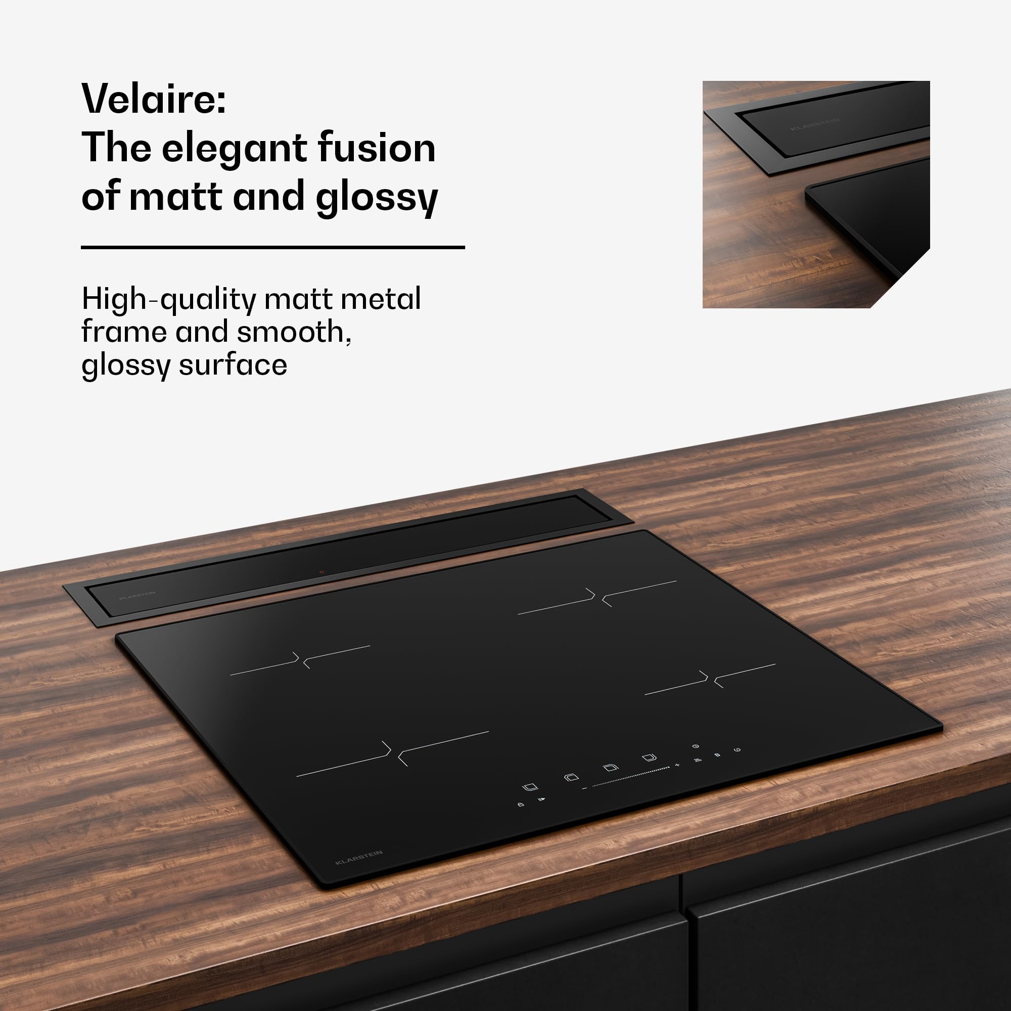 Klarstein Velaire Okap kuchenny 60 cm - A++ Downdraft, przepływ powietrza 853 m³/h, obsługa dotykowa, LED, cichy, filtr nadaje się do mycia w zmywarce, okap kuchenny 60 cm