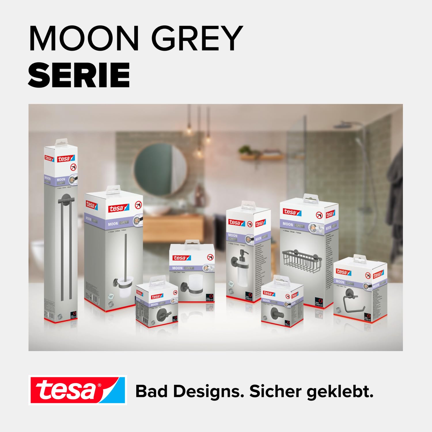 tesa MOON GREY Duschablage zur Wandmontage ohne Bohren, grau matt - einstöckig und extra tief - für Bäder im Industrial Style und moderne Badezimmer - mit Klebelösung - 250mm x 92mm x 125mm