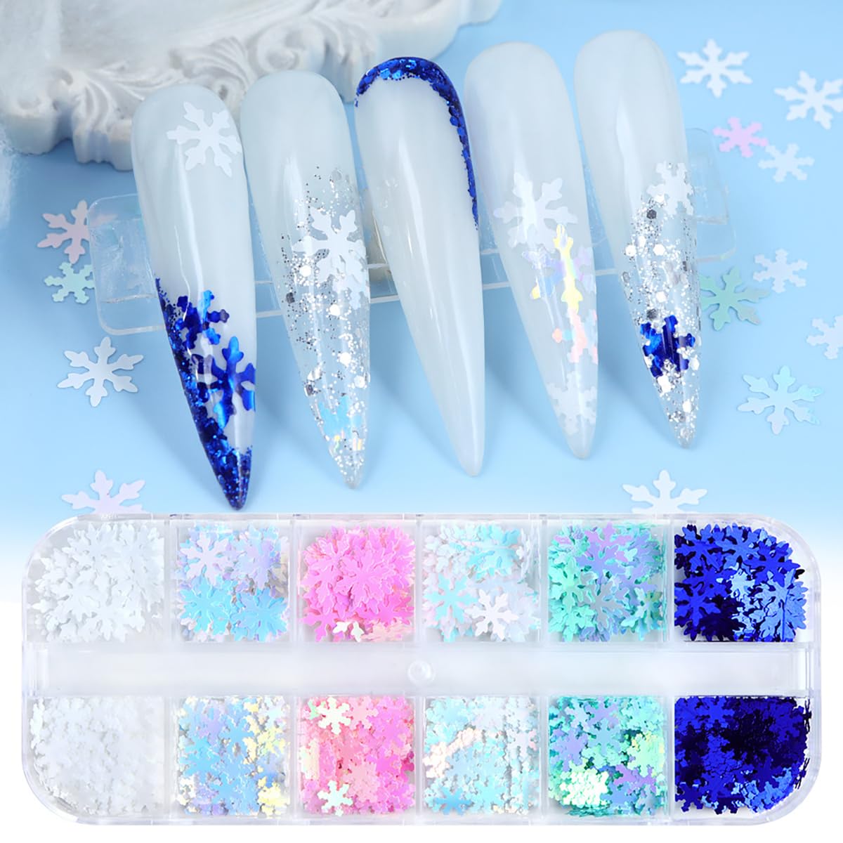 Christmas Snowflake Glitter Nail Sequins, 12 Grids 3D Colorful Holographic Snowflake Nail Glitter Confetti Sticker Decals Christmas White Pink Blue Winter Snowflake Nail Art