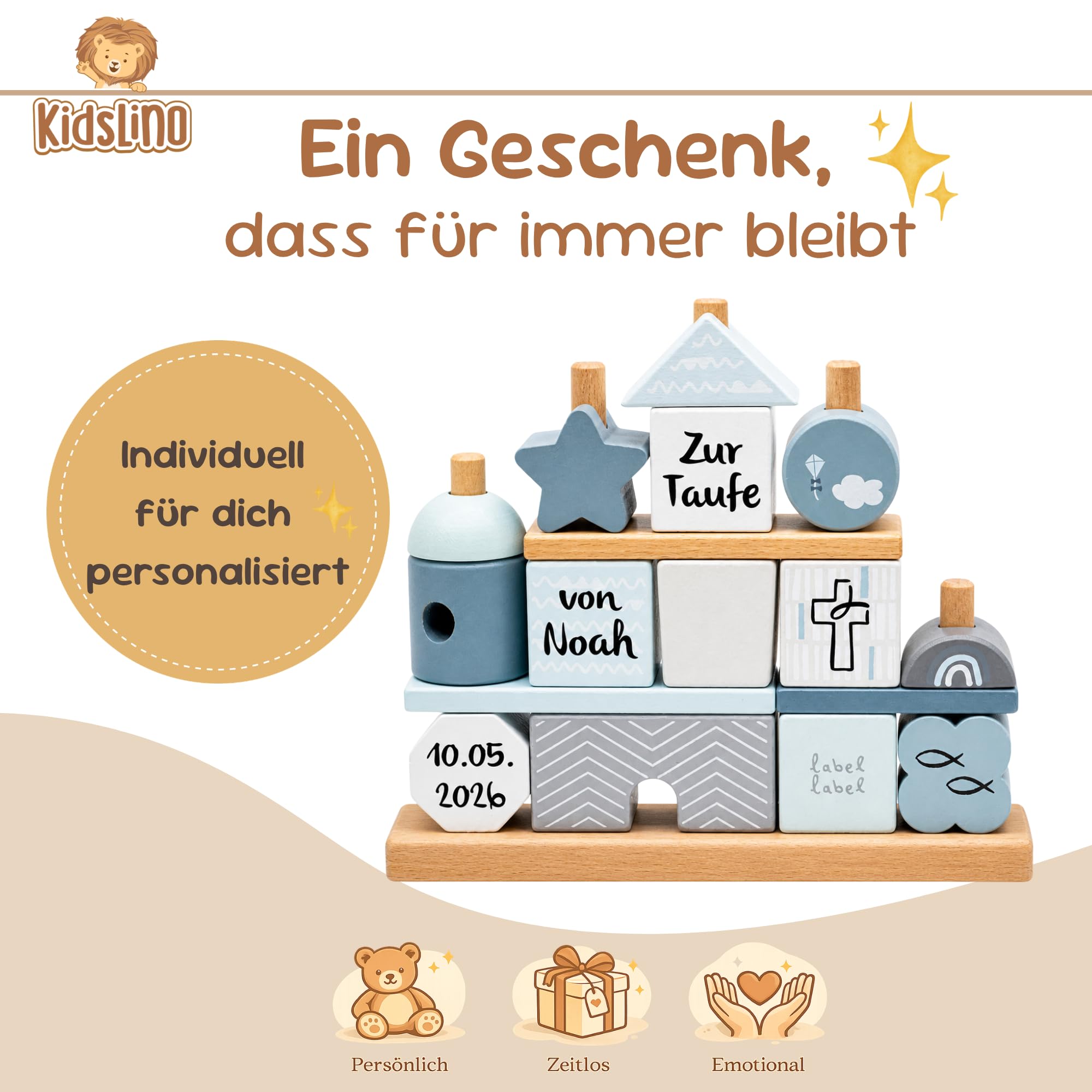 Personalisierbares Holz-Taufhaus Blau – fördert Feinmotorik & Vorstellungskraft – für Kinder ab 18 Monaten – personalisiert mit Namen und Taufdatum – Label Label