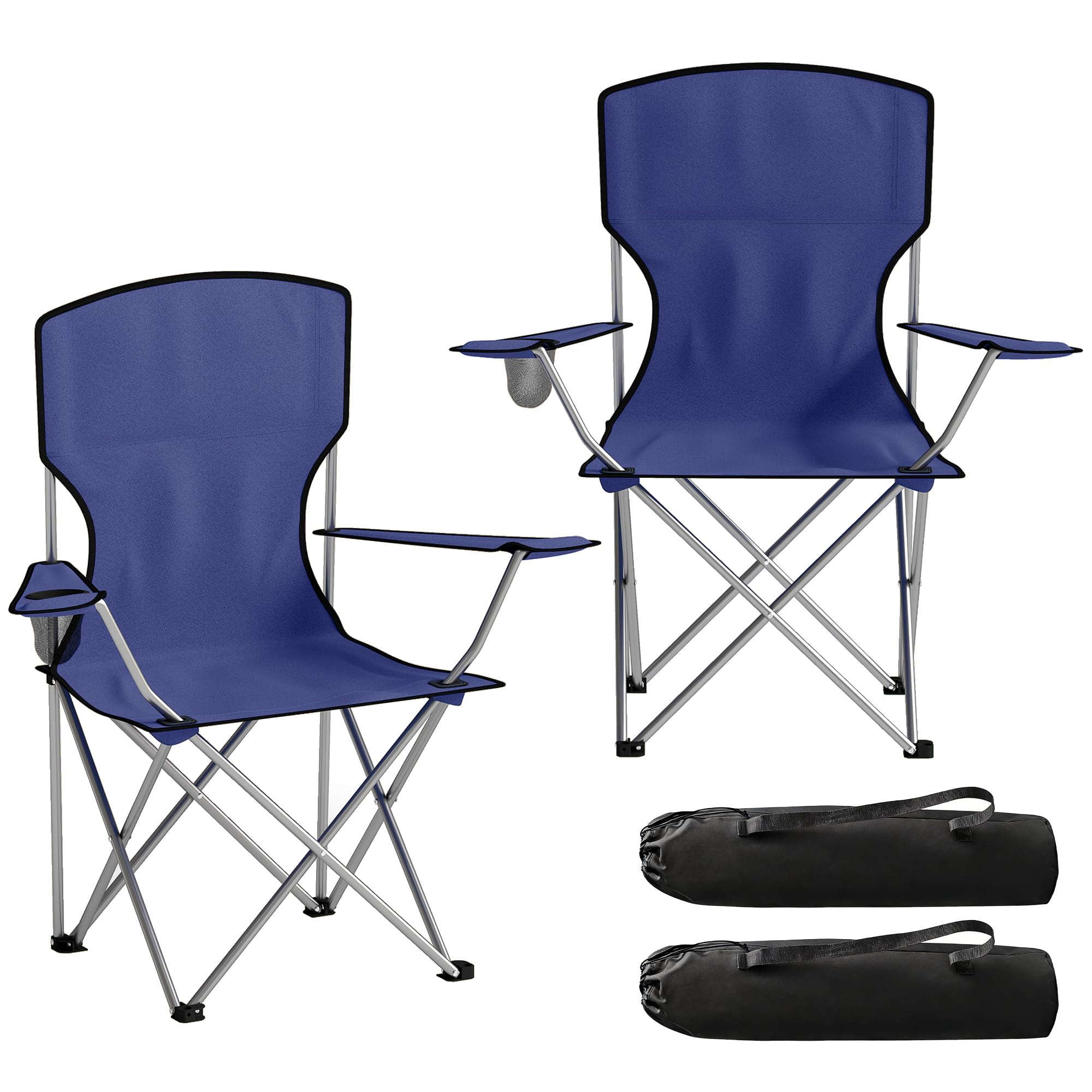 Outsunny Set of 2 Camping Chair for Adults, Portable Folding Camping Chair with Cup Holders and Carry Bag for Garden, Fishing and Sports, 120 kg Capacity, Dark Blue