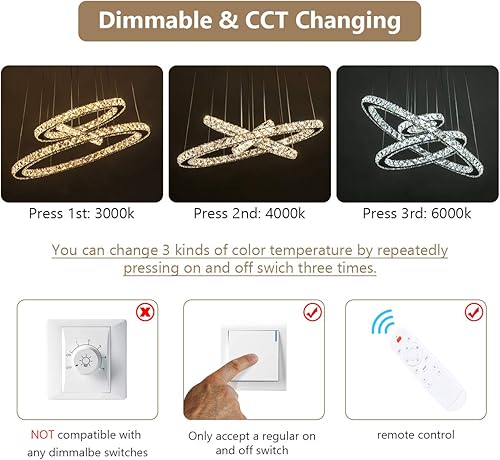 Miniatura 2 de Kai Moderno candelabro de cristal regulable con control remoto, 3 anillos, lámpara colgante de techo LED para comedor, sala de estar, dormitorio,