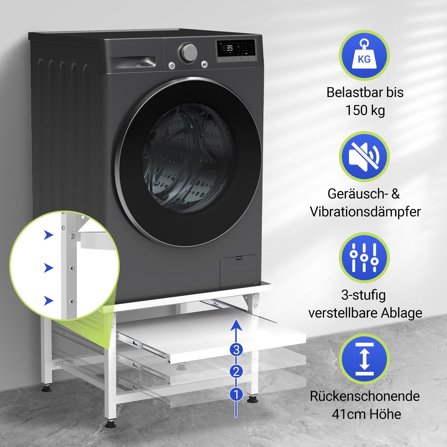 Herrselsam Base per lavatrice con ripiano estraibile, altezza 42 cm, piedini regolabili in altezza e assorbimento del rumore, base per lavatrice con cassetto estraibile a 3 livelli, portata 150 kg