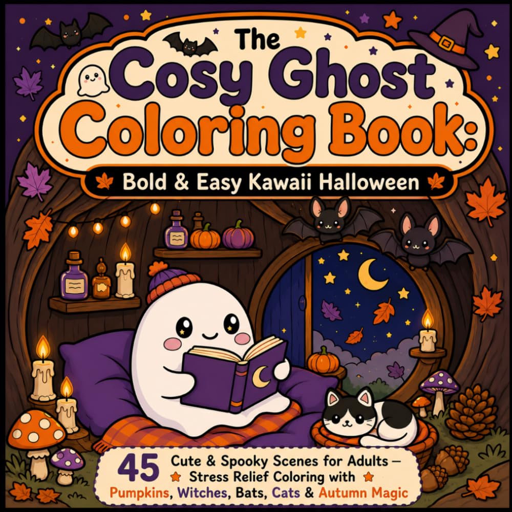 The Cosy Ghost Coloring Book: Bold & Easy Kawaii Halloween: 45 Cute & Spooky Scenes for Adults — Stress Relief Coloring with Pumpkins, Witches, Bats, Cats & Autumn Magic