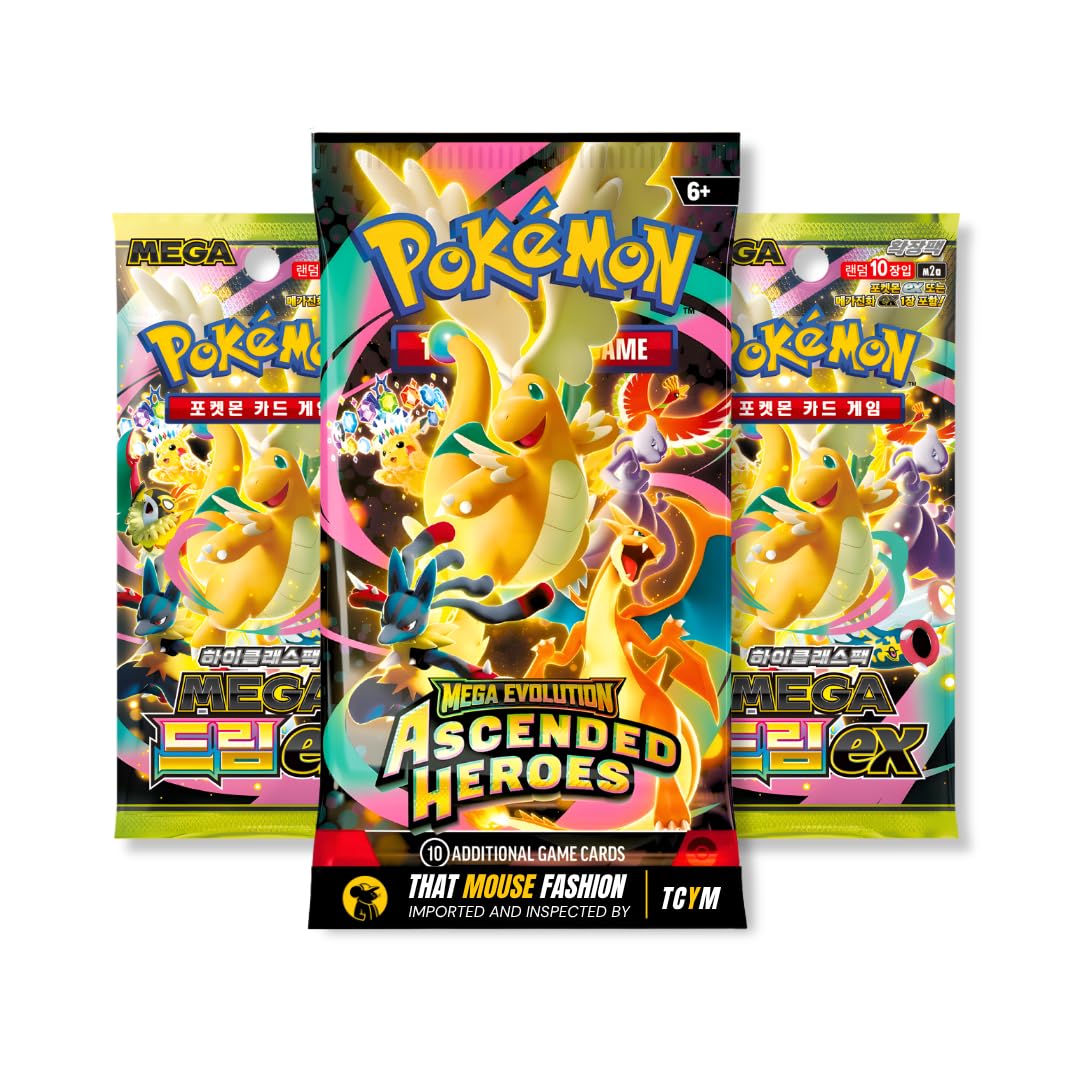 Pokemon Ascended Heros Mixed Language Booster Pack Bundle – 1 English Ascended Heros Booster Pack + 2 Korean Mega Dream Ex Packs Imported by That Mouse Fashion