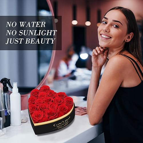 Miniatura 4 de Rosas Preservadas para Entrega 16 Pzas, Flores Forever en Caja de Corazón con Collar, Rosa Eterna Regalo de Aniversario Cumpleaños para Mujeres
