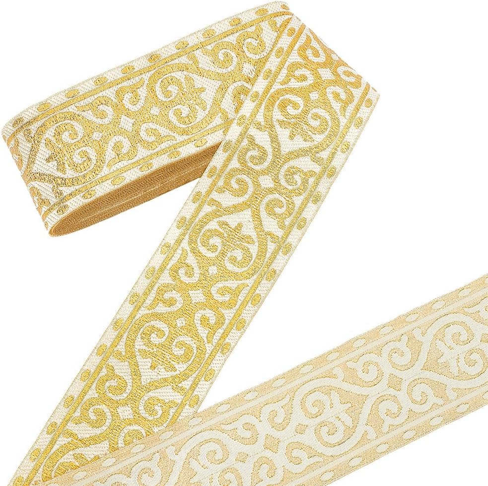 7.66 Yards Jacquard Trim 2 Inch Wide Gold Ethnic Boho Ribbon Embroidery Woven Flower for Sewing Curtain Holdbacks, Christmas Wreath, Gift, Clothing Decoration