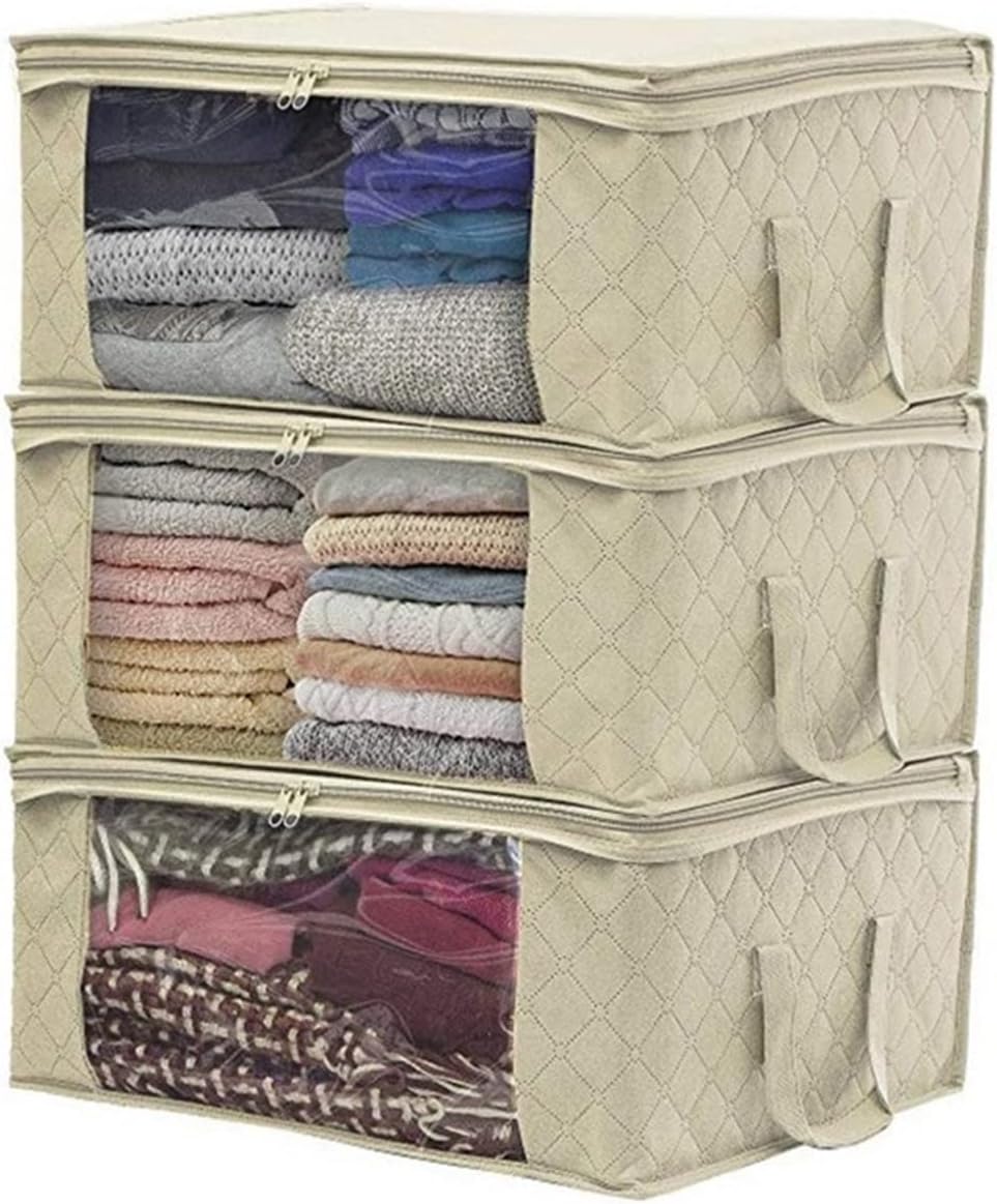 CAZOY 3 Pieces Storage Bags Large Capacity, Foldable Clothes Closet Organizer Containers with Window, Durable Under-Bed Storage Bins for Clothing Blanket Pillows (Color : Beige)