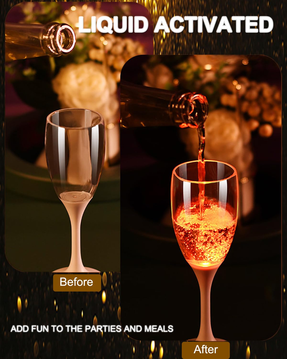 LED-Champagnergläser, Wasser-Flüssigkeit, aktiviert, beleuchtet, 120 ml, leuchtende Weingläser, farbige Champagnerflöten, Trinkkelche, 6 Stück