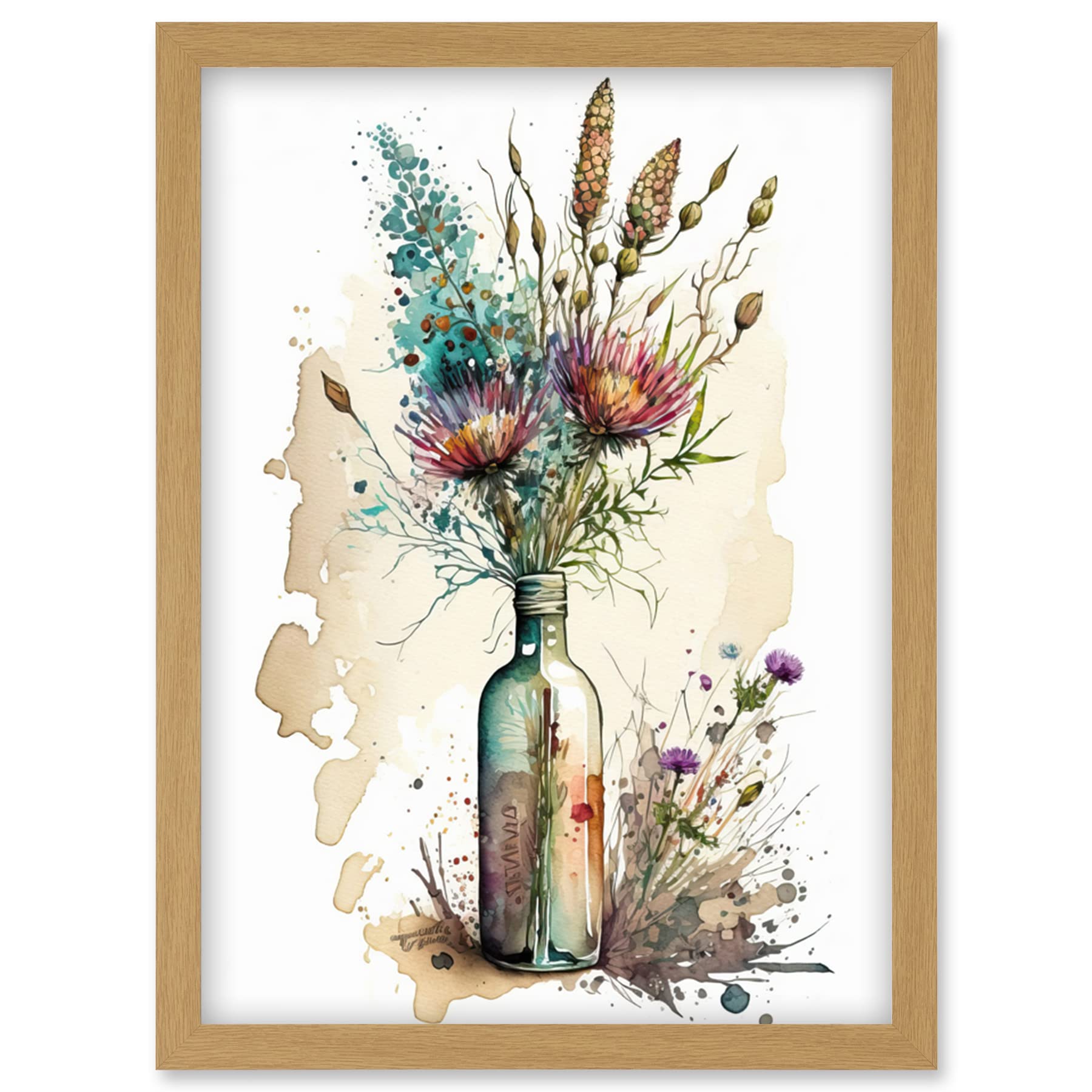 Artery8 Spring Flower Bouquet In Glass Wine Bottle Vase Artwork Framed Wall Art Print A4
