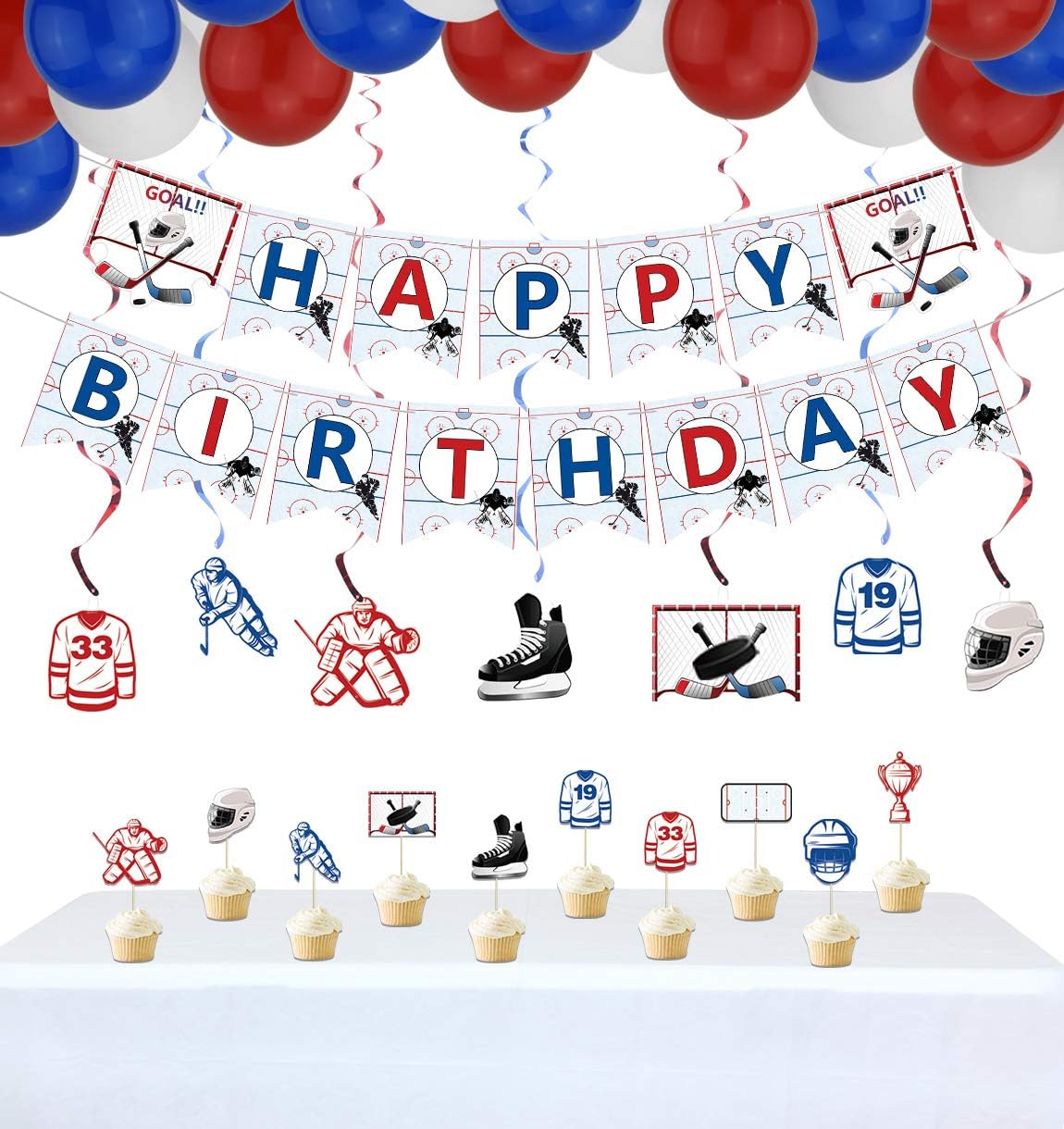 PIXHOTUL Hockey Birthday Party Supplies, Ice Hockey Themed Happy Birthday Banner, 7 Hanging Swirls, 1 Table Cloth, 10 Cake Toppers, 30 Balloons for Kids, Hockey Fans Birthday Party Decorations : Home & Kitchen