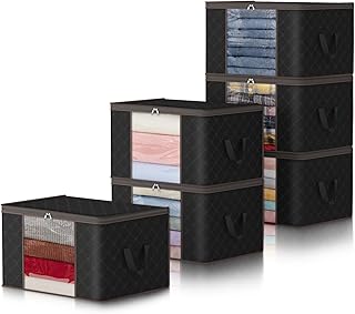 Lifewit Storage Bags, Pack of 6, 90 L, Storage Boxes with Lid, Large Clothes Storage, Moving Boxes, Foldable Storage Boxes for Duvets, Clothes, Underbed, Wardrobe, Black