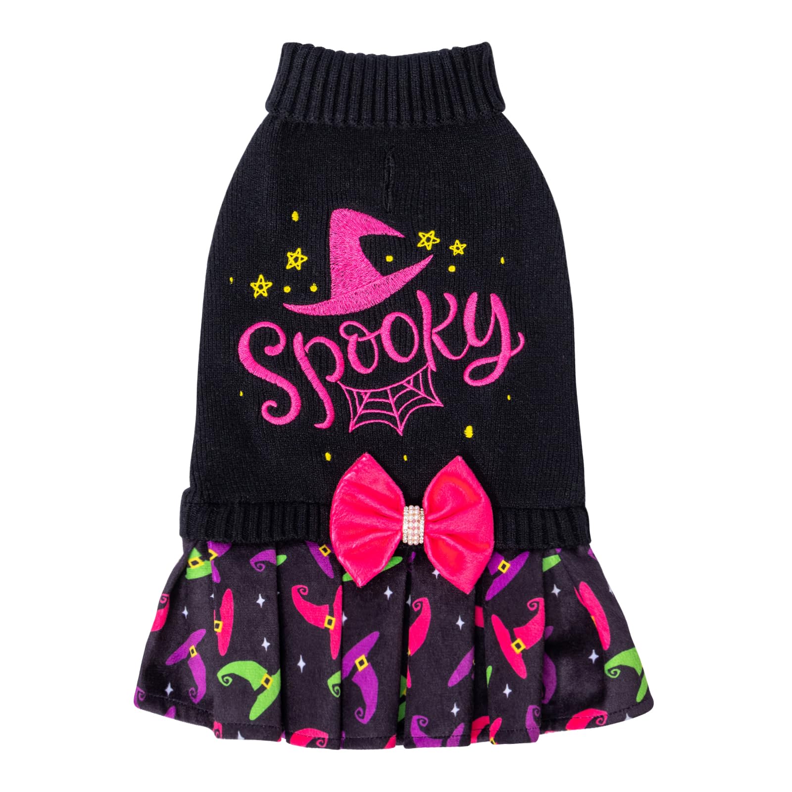 CuteBone Halloween Dog Sweater Dress Spooky Embroidery Turtleneck Puppy Sweater with Bowtie Harness Hole Pullover Winter Dress for Medium Large Dogs