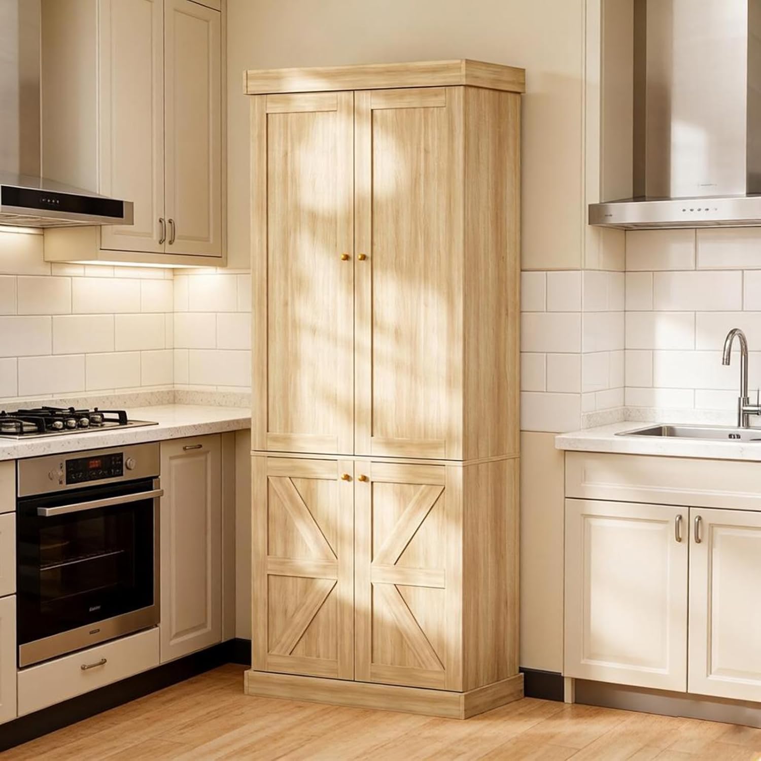 Vyre 70.8" Tall Kitchen Pantry Cabinet with Doors, Farmhouse Modular Storage Cabinet with 4-Tier Adjustable Shelves, Large Storage Cabinet for Kitchen or Living Room, Brown