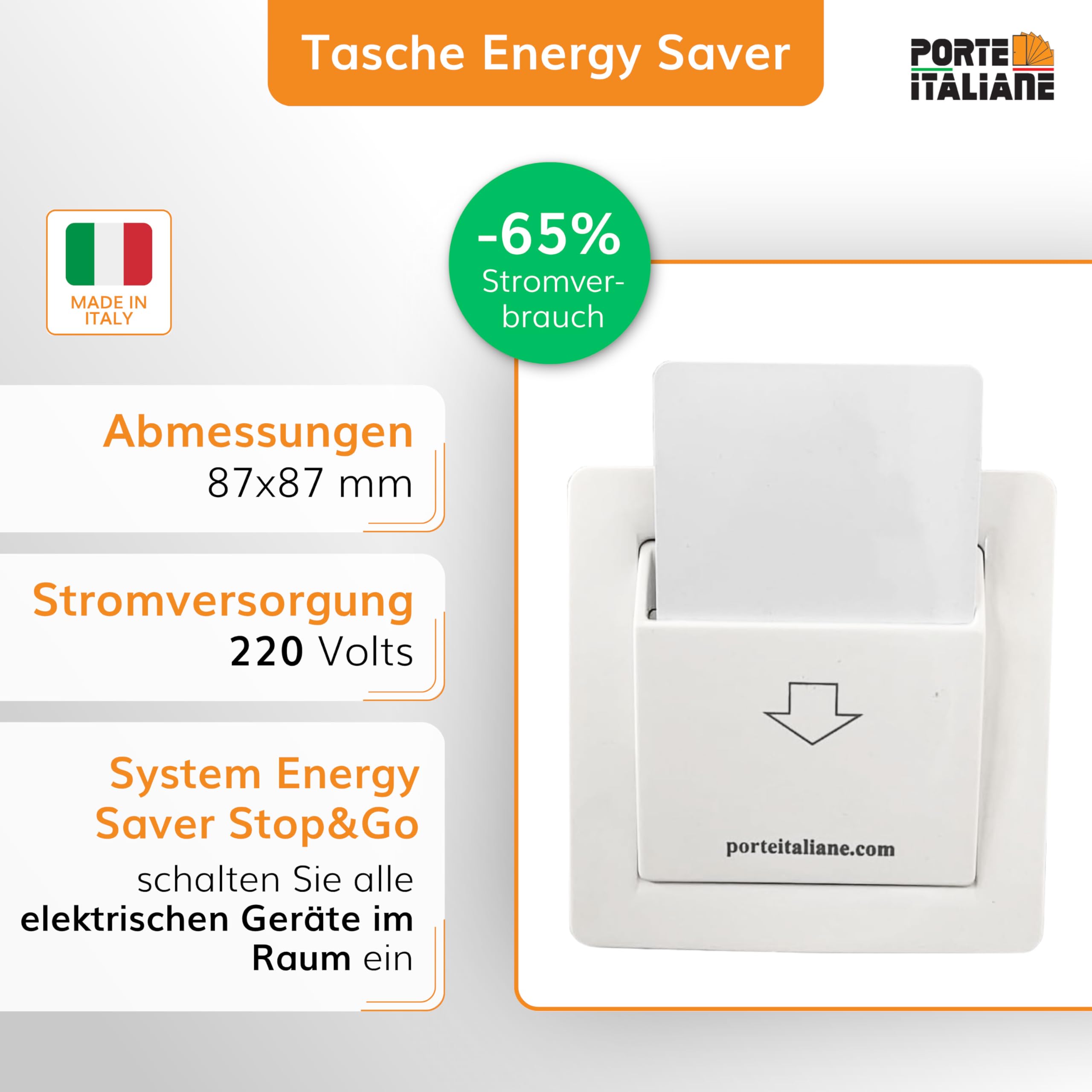Porte Italiane, RFID-Kartenleser zur Türöffnung und Zugangskontrolle in Zimmern von B&Bs, Hotels und Herbergen, mit Energiespartasche, Komplettset mit 4 RFID-Karten, Basisversion