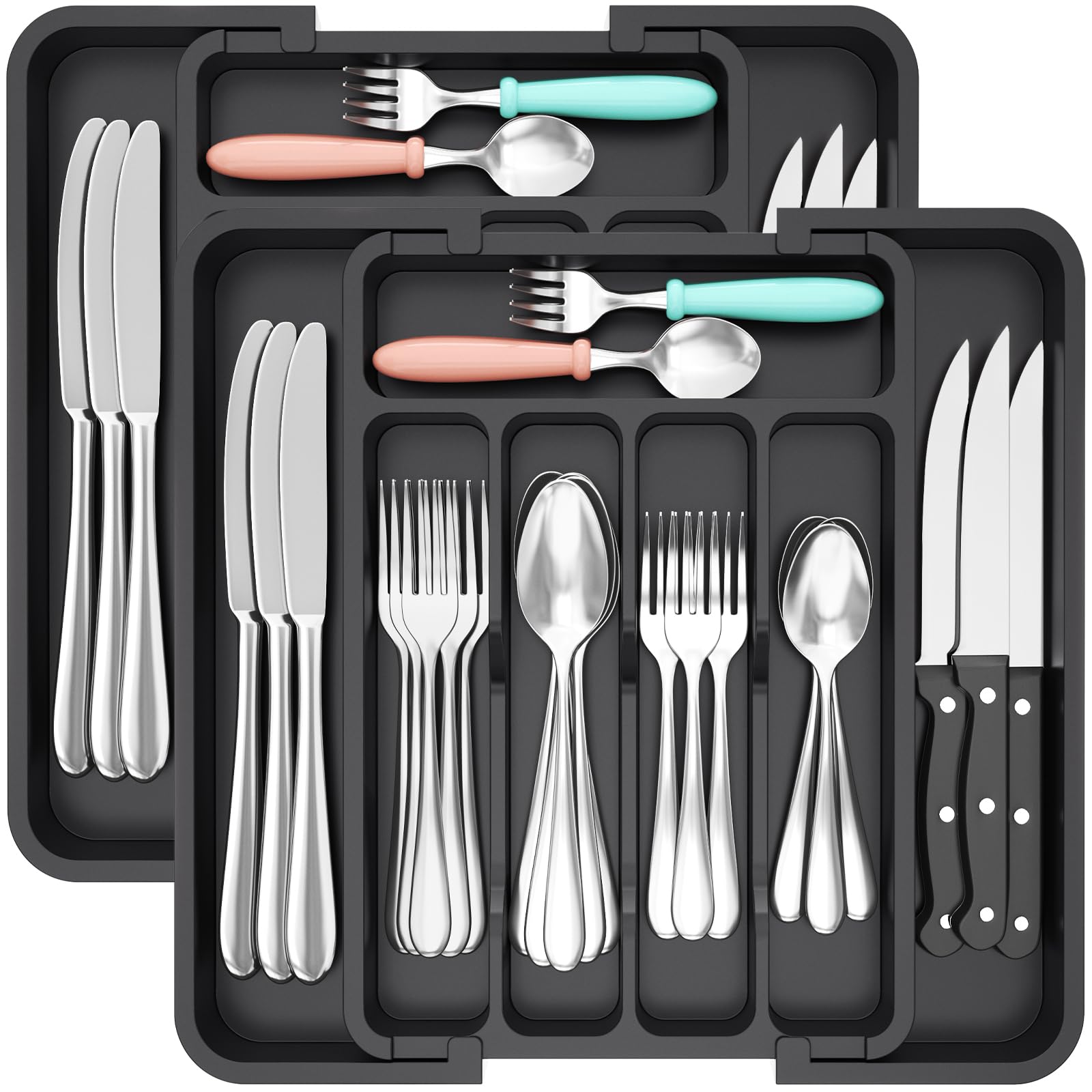Lifewit Silverware Drawer Organizer, Expandable BPA Free Utensil Tray for Kitchen, Adjustable Flatware and Cutlery Holder for Spoons Forks Knives, Plastic Kitchen Organizers and Storage, BlackRecycled Claim Standard 100