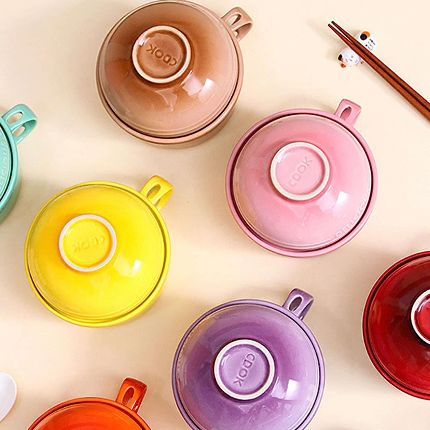 pojemniki na zupę, Ceramiczne miski do zupy 550 ml, japońskie, miska z pokrywką i uchwytem, ​​miska na ramen, płatki śniadaniowe, czerwona, ml/19,4 uncji