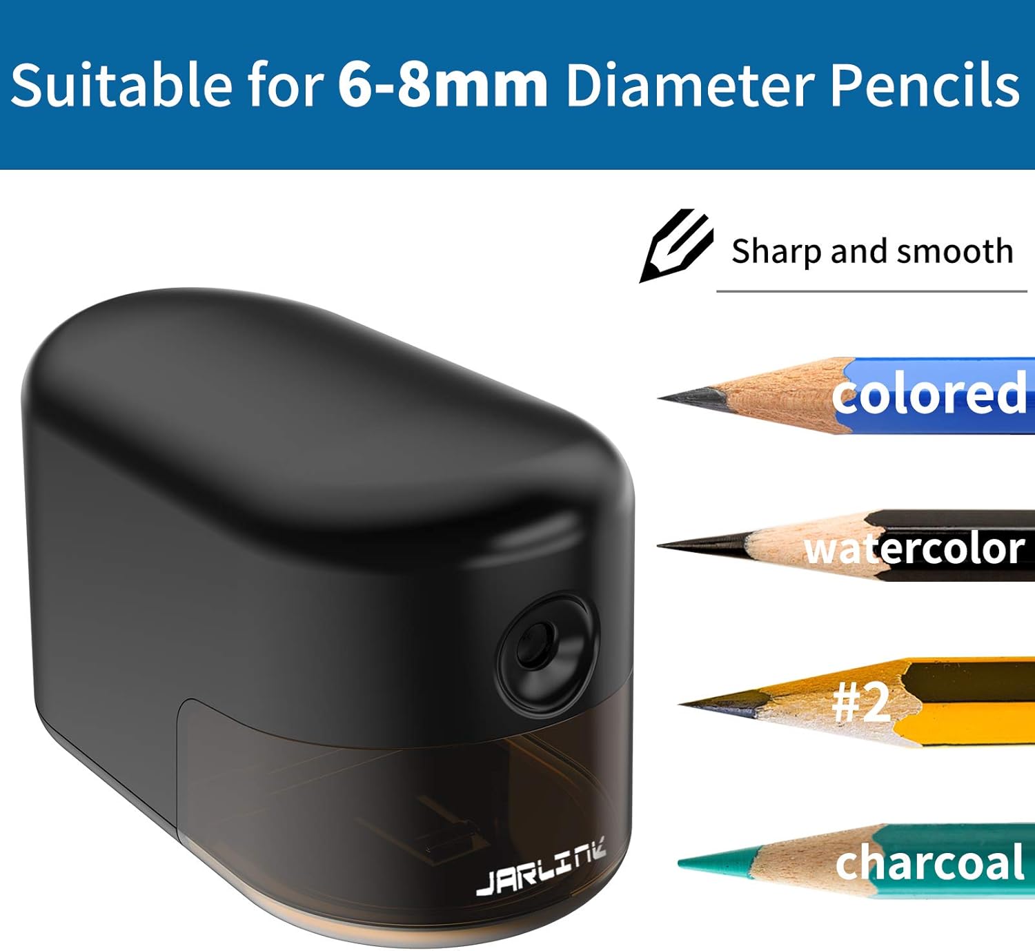 JARLINK Electric Pencil Sharpener, Stronger Motor and Heavy-Duty Helical Blade to Fast Sharpen No.2/Colored Pencils(6-8mm), Portable in School Classroom/Office/Home (Black) : Office Products
