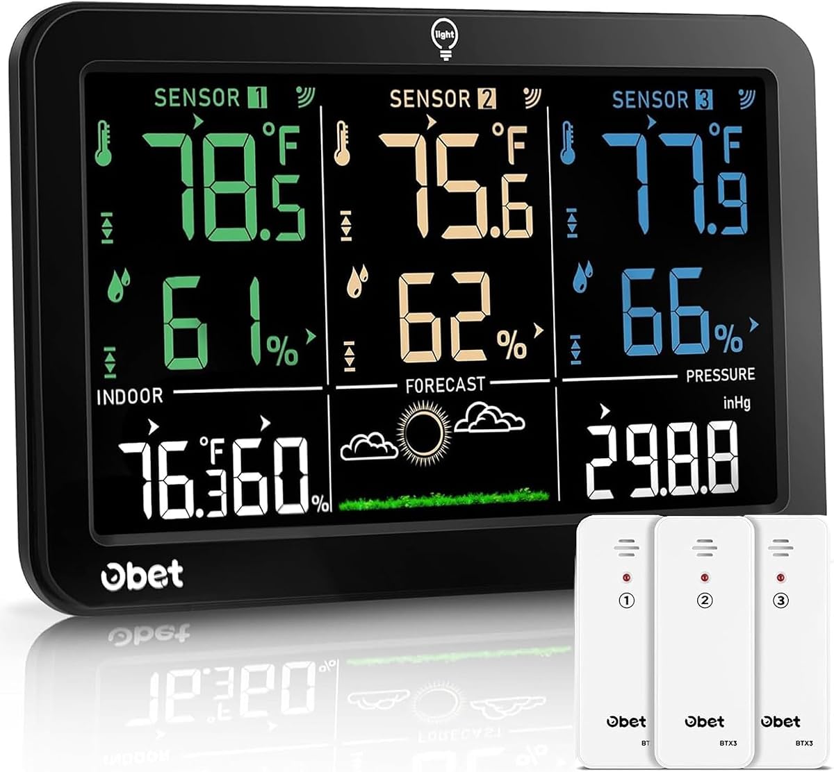 OBET Estación meteorológica inalámbrica para interiores y exteriores, termómetro inalámbrico, pantalla a color, monitor digital de temperatura y humedad con 3 sensores, alertas, retroiluminación ajustable, puerto USB (500 pies)