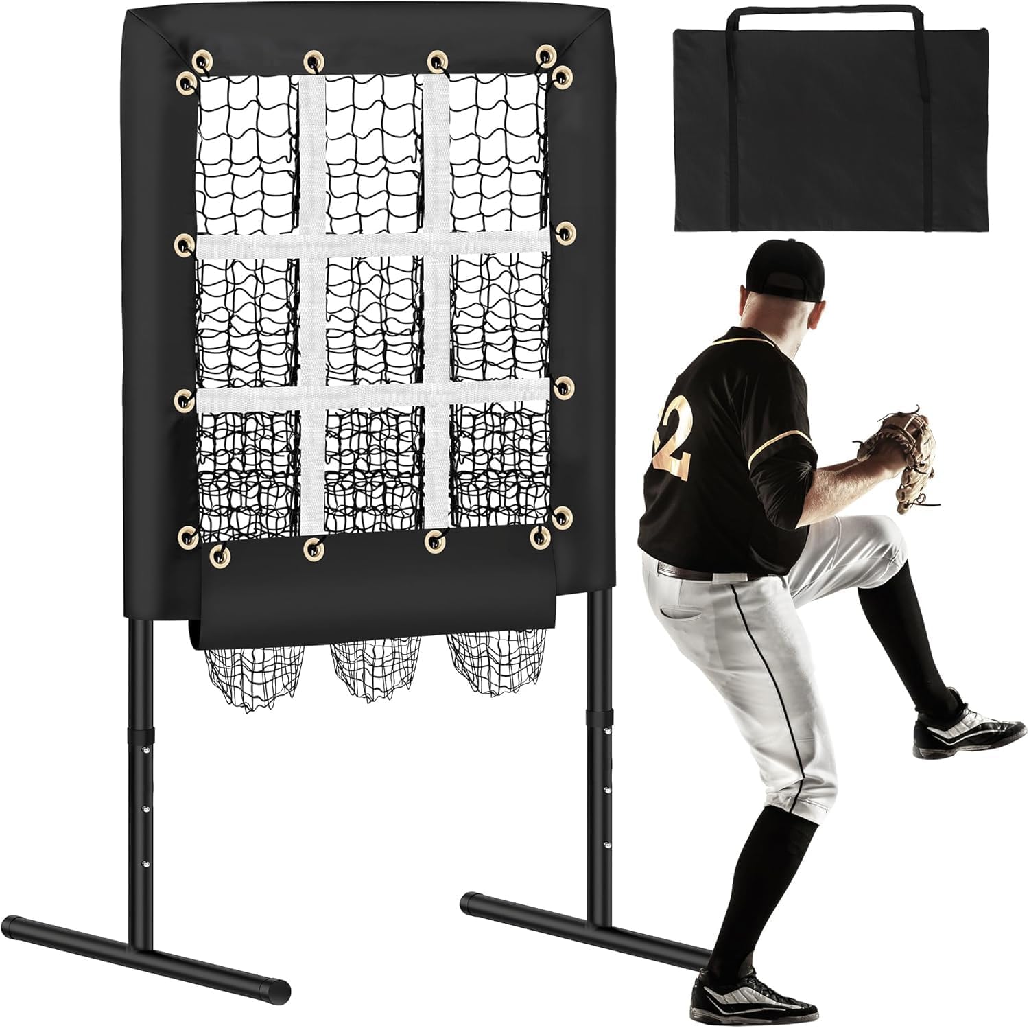 RengueRengue 9 Hole Pitching Net Baseball Pitching Target with Strike Zone, Softball Pitching Aid Net, 3 Level Adjustable Height, Portable Training Equipment for Hitting and Pitching Practice