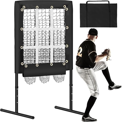 RengueRengue 9 Hole Pitching Net Baseball Pitching Target with Strike Zone, Softball Pitching Aid Net, 3 Level Adjustable Height, Portable Training