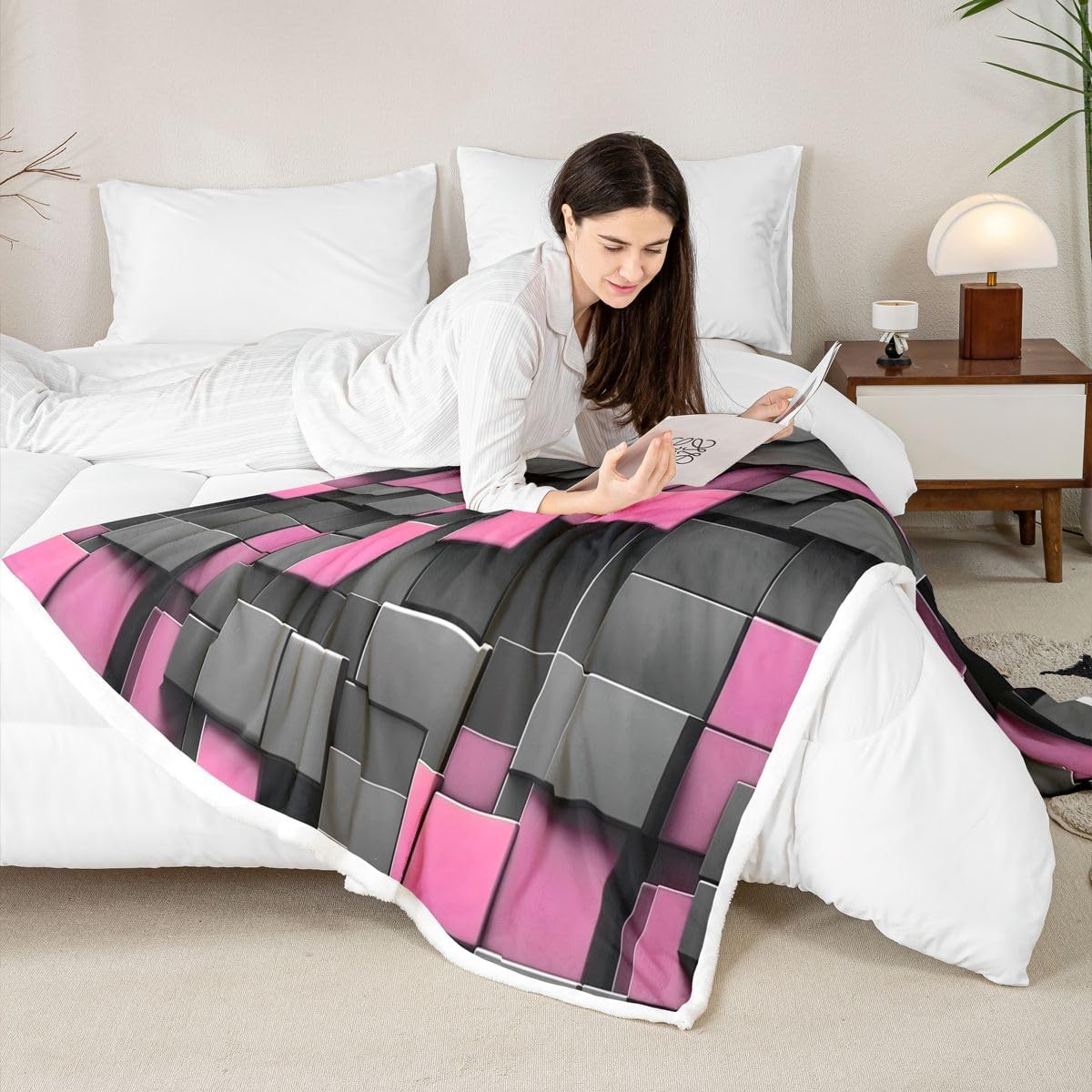 Castle Fairy Square Geometric Flannel Blanket Neutral Minimal Kids Girls Boys Adult Sherpa Blankets Pixel Game Modern Living Room Decor Lightweight Fleece Blanket Plush Blankets 40"x50" Cube Pink image 4