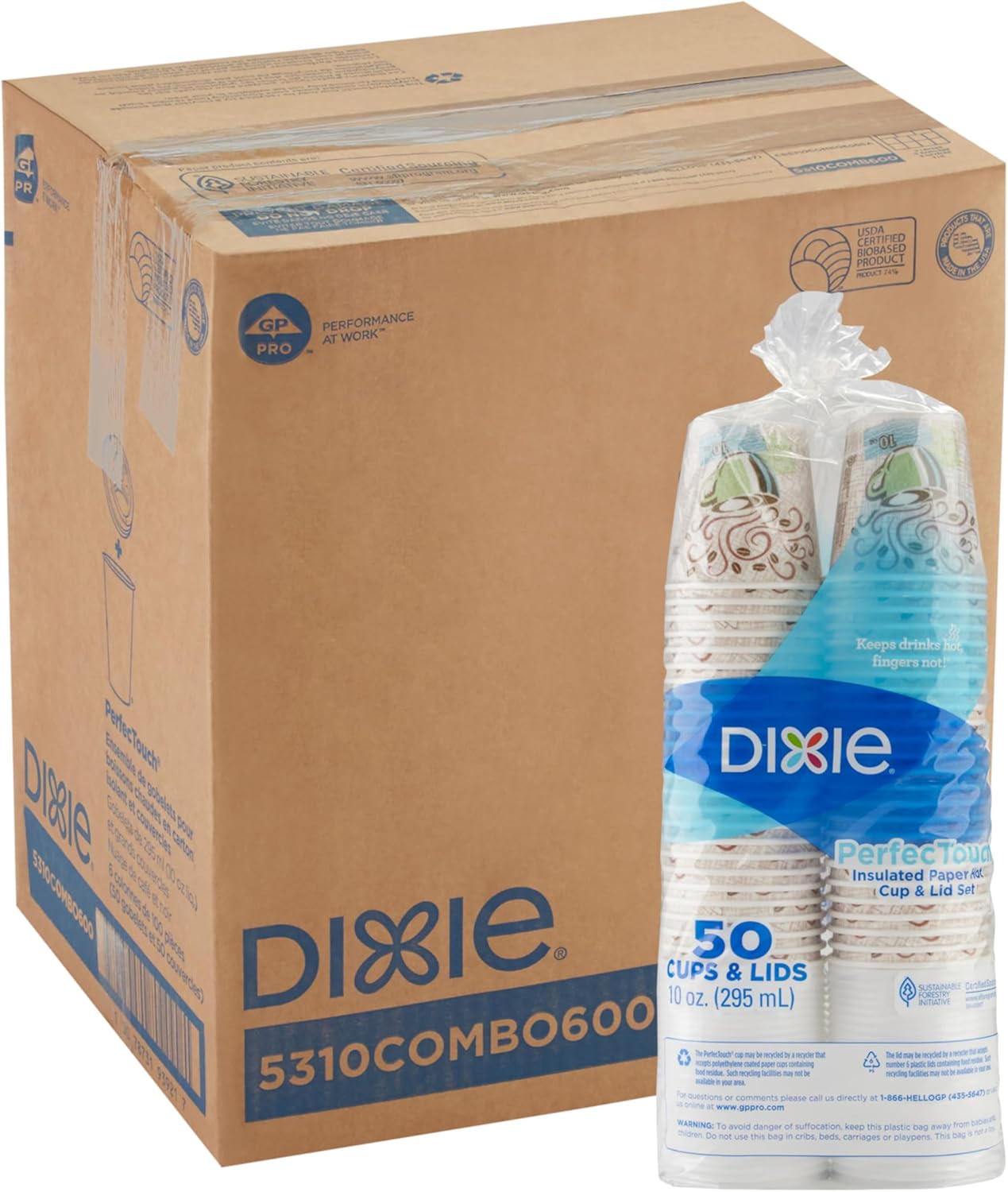 Dixie PerfecTouch 10 oz Paper Coffee Cups and Lids By GP PRO, Coffee Haze Design, 300 Disposable Cups and Lids (50 Disposable Cups and Lids Per Pack, 6 Packs Per Case), 5310COMBO600