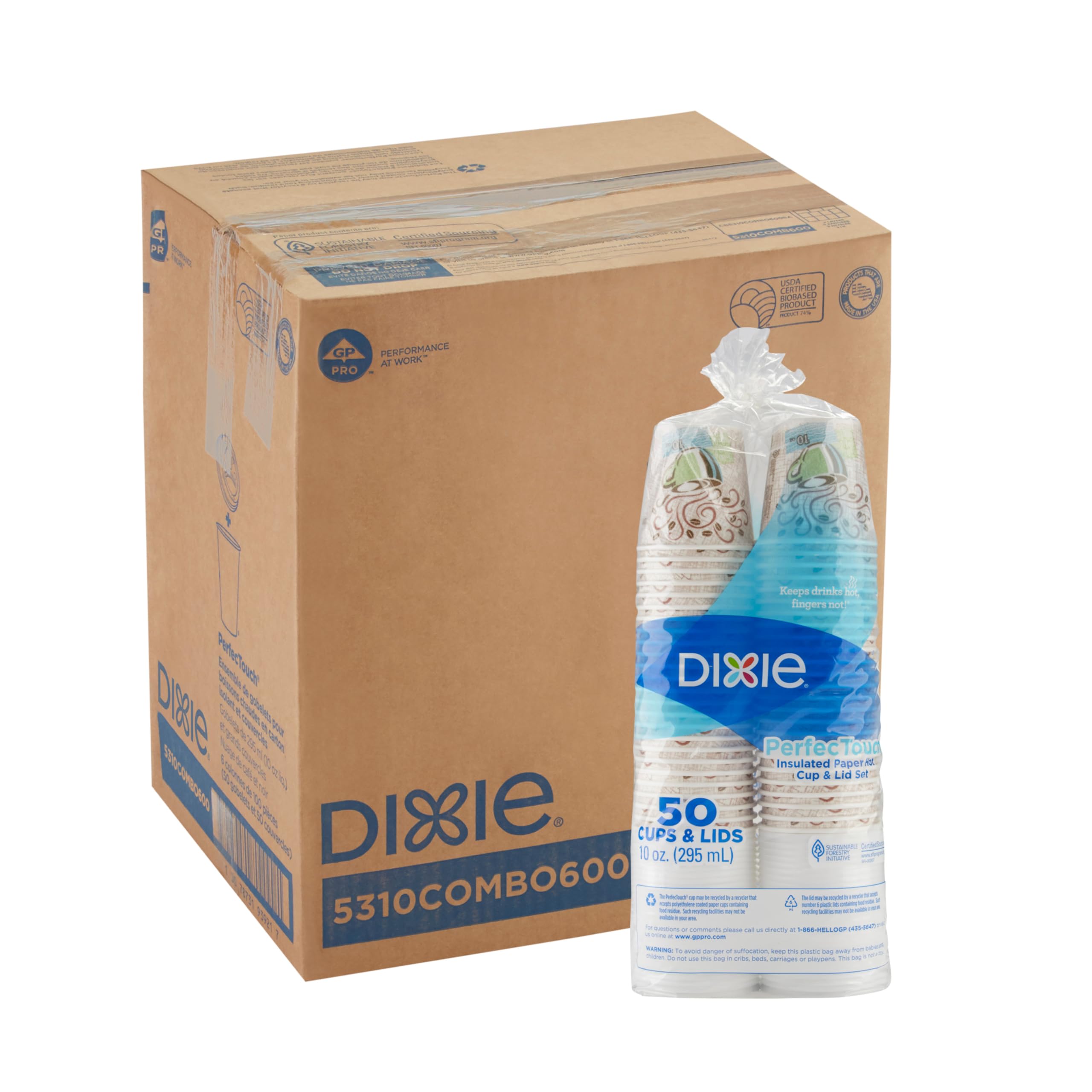 Dixie PerfecTouch 10 oz Paper Coffee Cups and Lids By GP PRO, Coffee Haze Design, 300 Disposable Cups and Lids (50 Disposable Cups and Lids Per Pack, 6 Packs Per Case), 5310COMBO600
