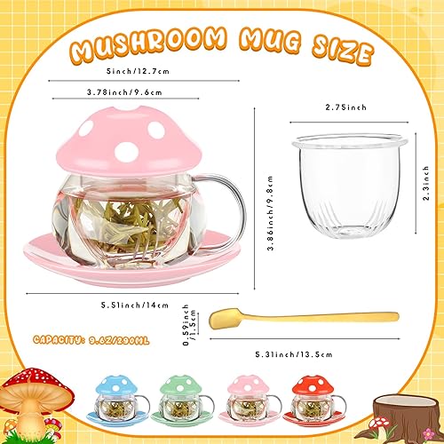 Miniatura 2 de Lallisa Juego de 4 tazas de té de hongos de 9.6 onzas con infusor y cuchara, lindas tazas de vidrio, tetera de té de hongos con tapa de cerámica