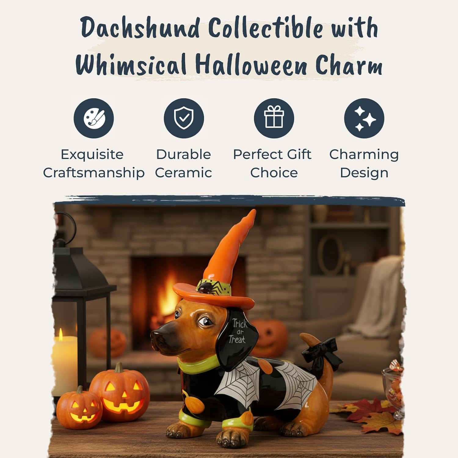 Blue Sky Clayworks Trick or Treat Dog Figurine, Ceramic, 11.75" L x 4.75" W x 9.25" H, Witch-Hat Dachshund with Spiderweb Cape