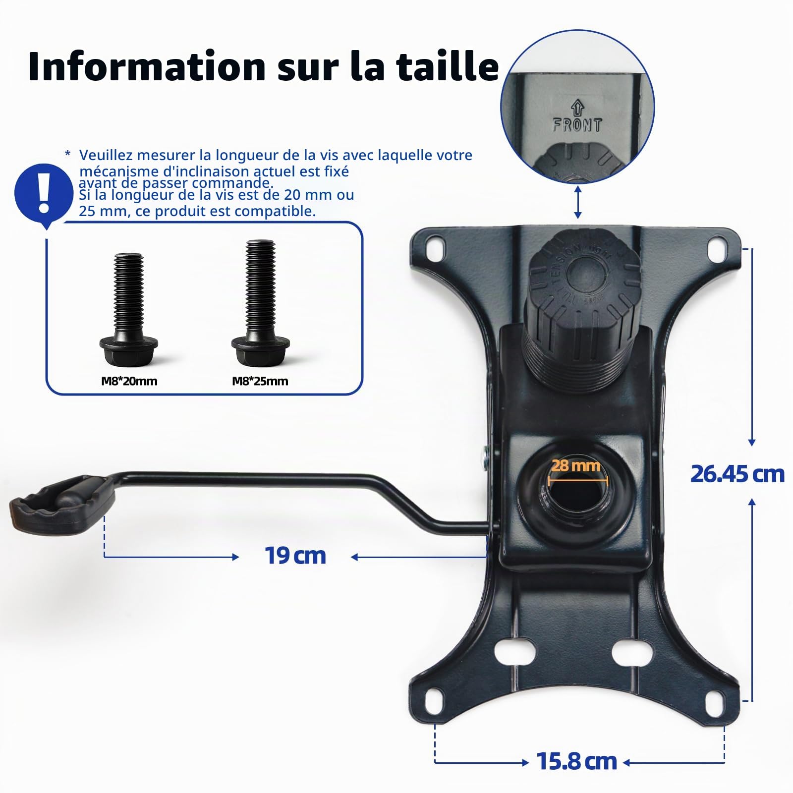 Sytopia Mécanisme de siège en métal pour chaise de bureau, plaque de base de 500 lbs avec trous de 15,2 x 25,4 cm, fonction bascule et réglage de la hauteur, remplacement universel Tilt & Lock pour