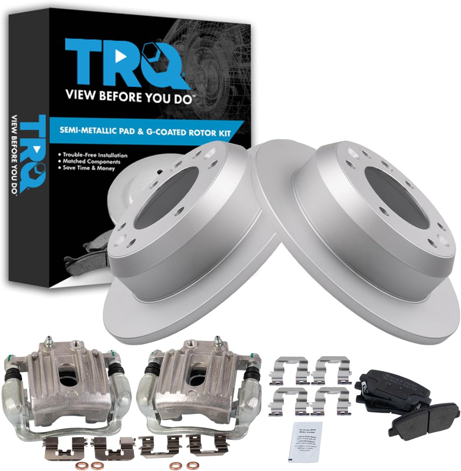 TRQ Rear Brake Pad & Rotor Kit Brake Caliper Brake Pads Brake Rotor Semi-Metallic Solid Premium G-Coated Compatible with 2007-2008 Hyundai Entourage