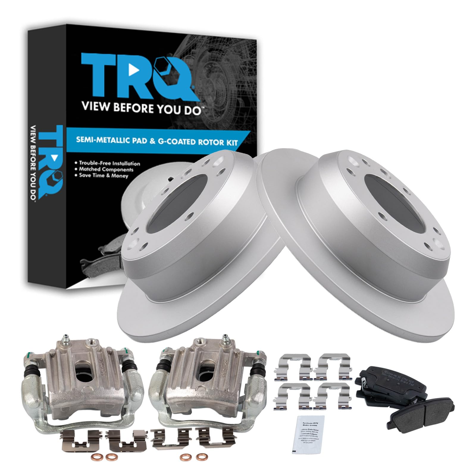 TRQ Rear Brake Pad and Rotor Set Semi Metallic Solid Rotors Calipers Compatible with 2007-2008 Hyundai Entourage