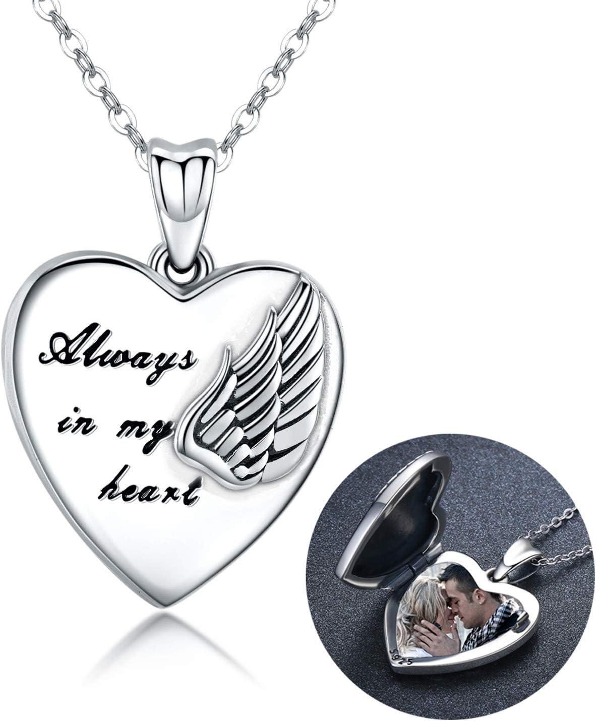 Sterling Silver Locket Necklace That Holds Pictures Guardian Angel Wings Heart Locket Pendant Necklaces Always in My Heart Photo Lockets Keepsak Gifts for Women Girl