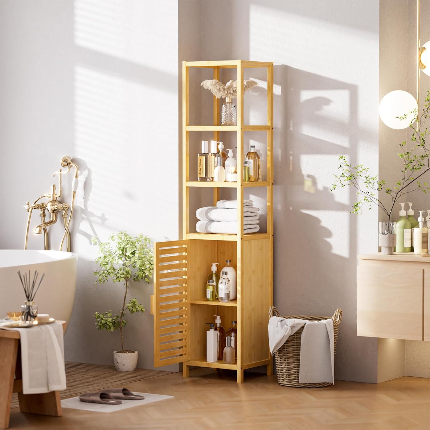 HITNET Bathroom Floor Cabinet, 6 Tier Tall Thin Linen Tower Storage Cabinet Free Standing Bamboo, Kitchen Side Organizer with 3 Shelves and Cupboard, Natural