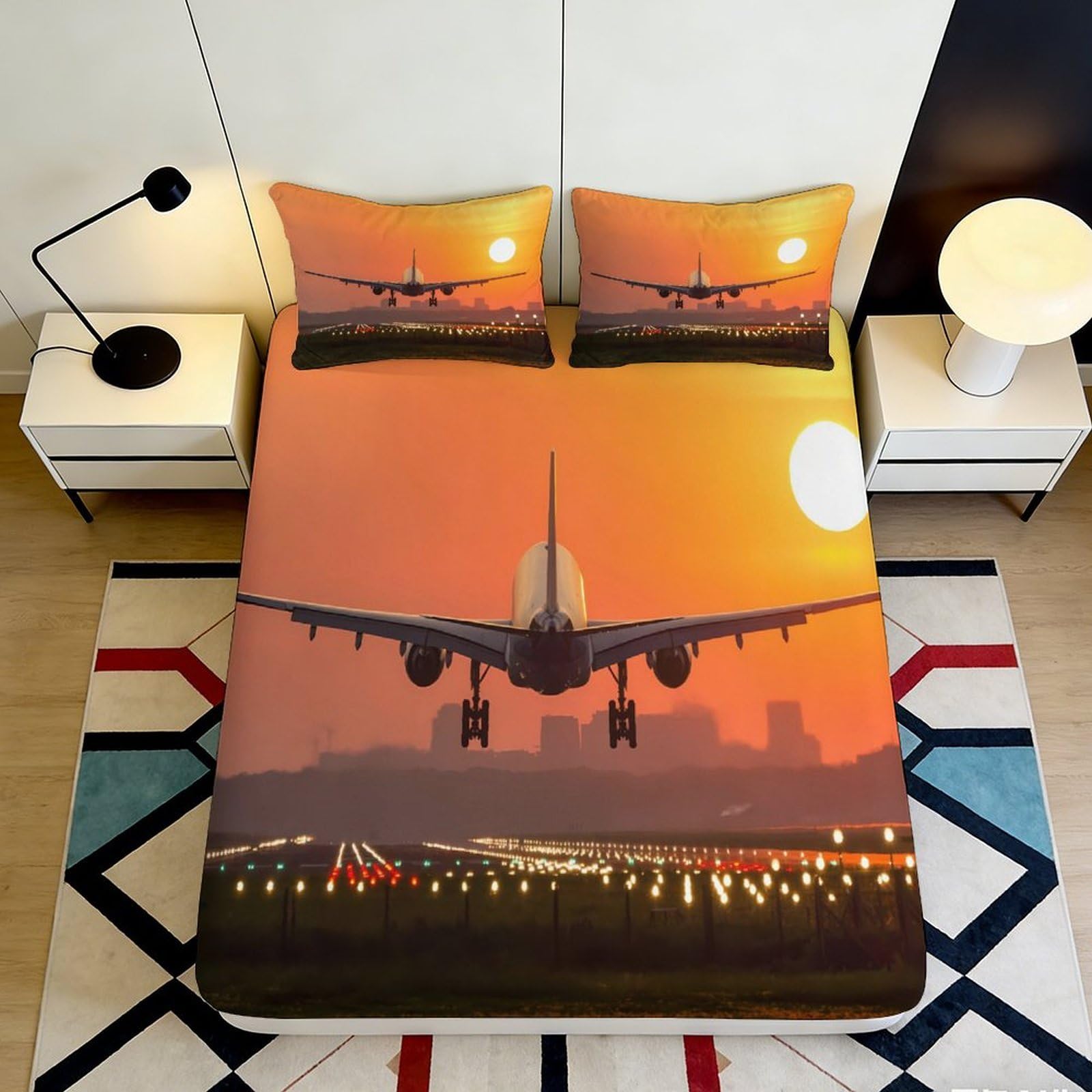 3D Printed Airplane Sunset Fitted Sheet Microfiber Soft Breathable Runway Bed Sheet for Bedroom Dormitory Guest Room Mattress Protection Decor 120x200x25cm