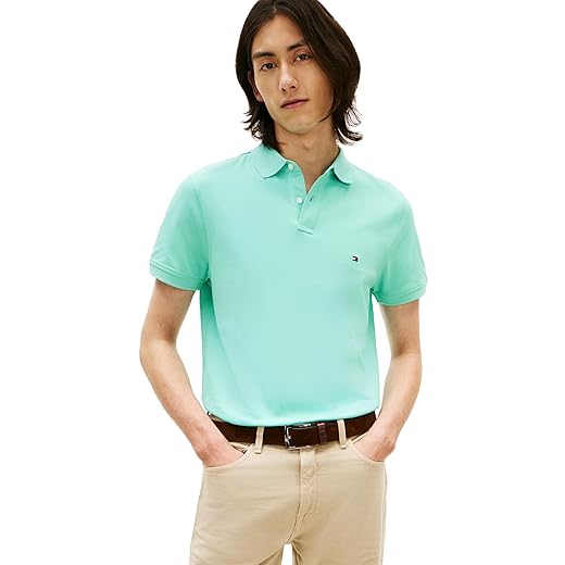 Tommy Hilfiger Camisa polo masculina de manga curta em modelagem regular com stretch e algodão piquê orgânico