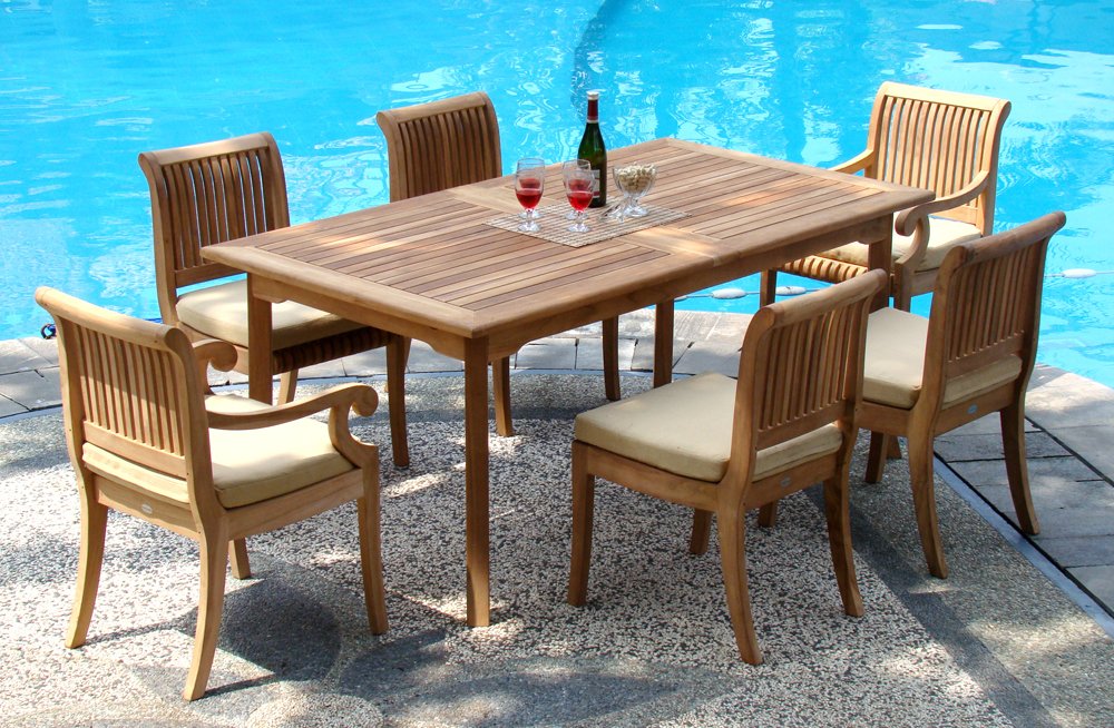 New 7 Pc Luxurious Grade-A Teak Dining Set - 94" Double Extension Rectangle Table & 6 Giva Chairs (4 Armless & 2 Arm/Captain)