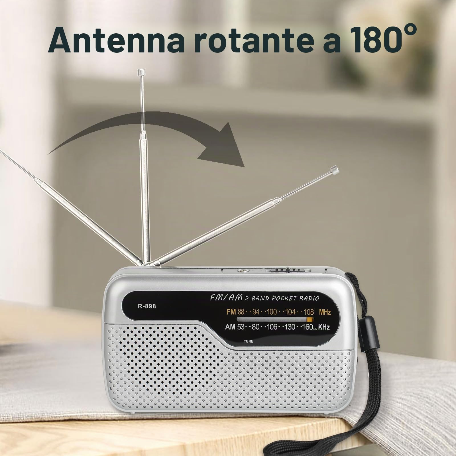 Radio portatile FM transistor con altoparlante potente, funziona con 2 batterie AA, argento