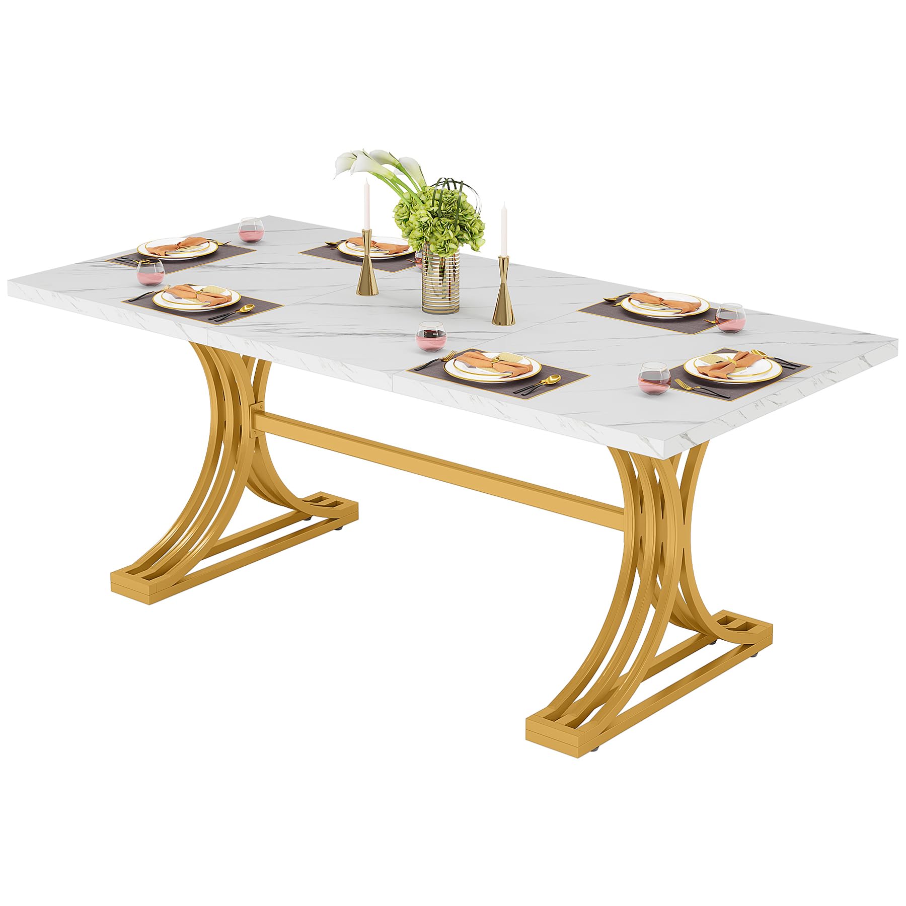 Tribesigns Tavolo moderno da 4 a 6, 160 x 80 cm, piano in finto marmo e gambe in metallo, grandi per sala da pranzo e cucina, bianco e oro