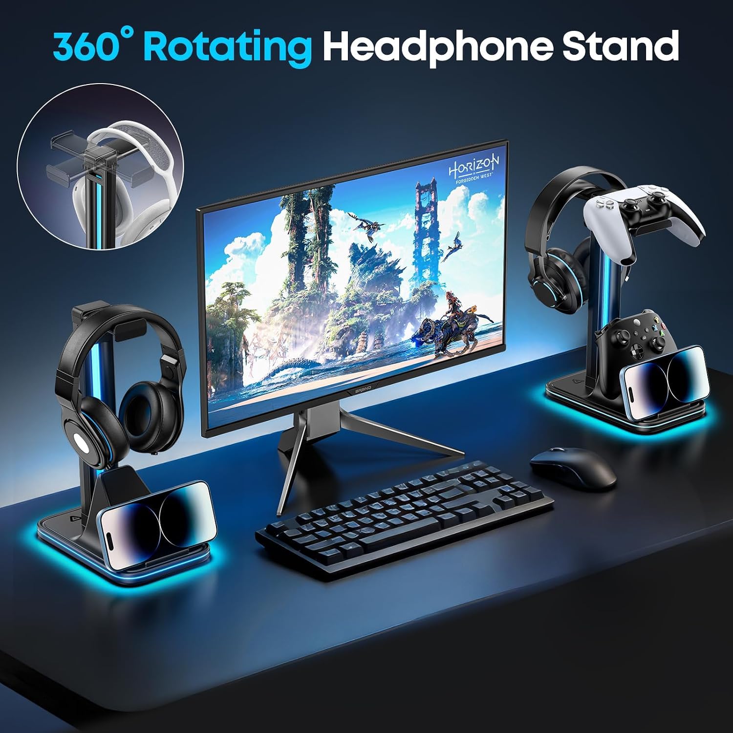 Supporto per cuffie e controller 4 in 1 per scrivania, supporto per cuffie rotante a 360° con supporto per telefono, 10 modalità RGB per accessori da gioco Mesa Gamer, P5/SW/Xbx Levitating Gaming