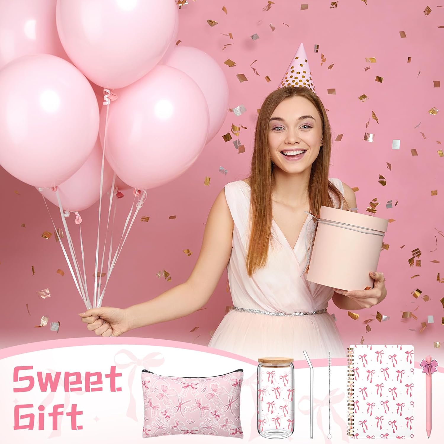 Boao 4 Pcs Coquette Pink Bow Gift Set Back to School Gift for First Day of School Party Favor, Glass Cup Pink Bow Notebook Cosmetic Bag Pens Bowknot Lined Notebook Stuff Coquette Party Favor - Image 7
