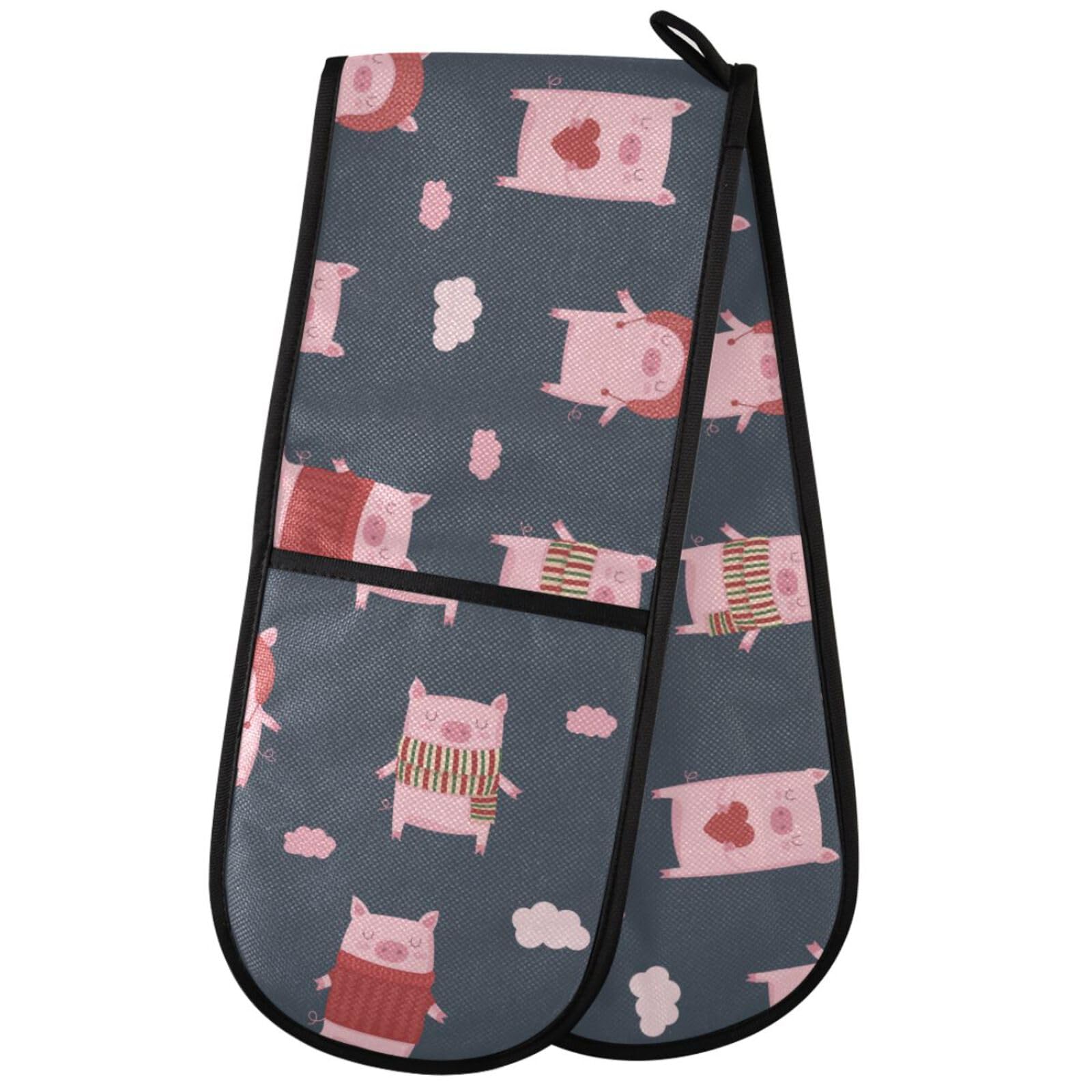 ZZXXB Pig and Clouds Double Oven Mitt Heat Resistant Non-Slip Kitchen Gloves Extra Long 7" x 35" for Cooking Baking Barbecue Grilling