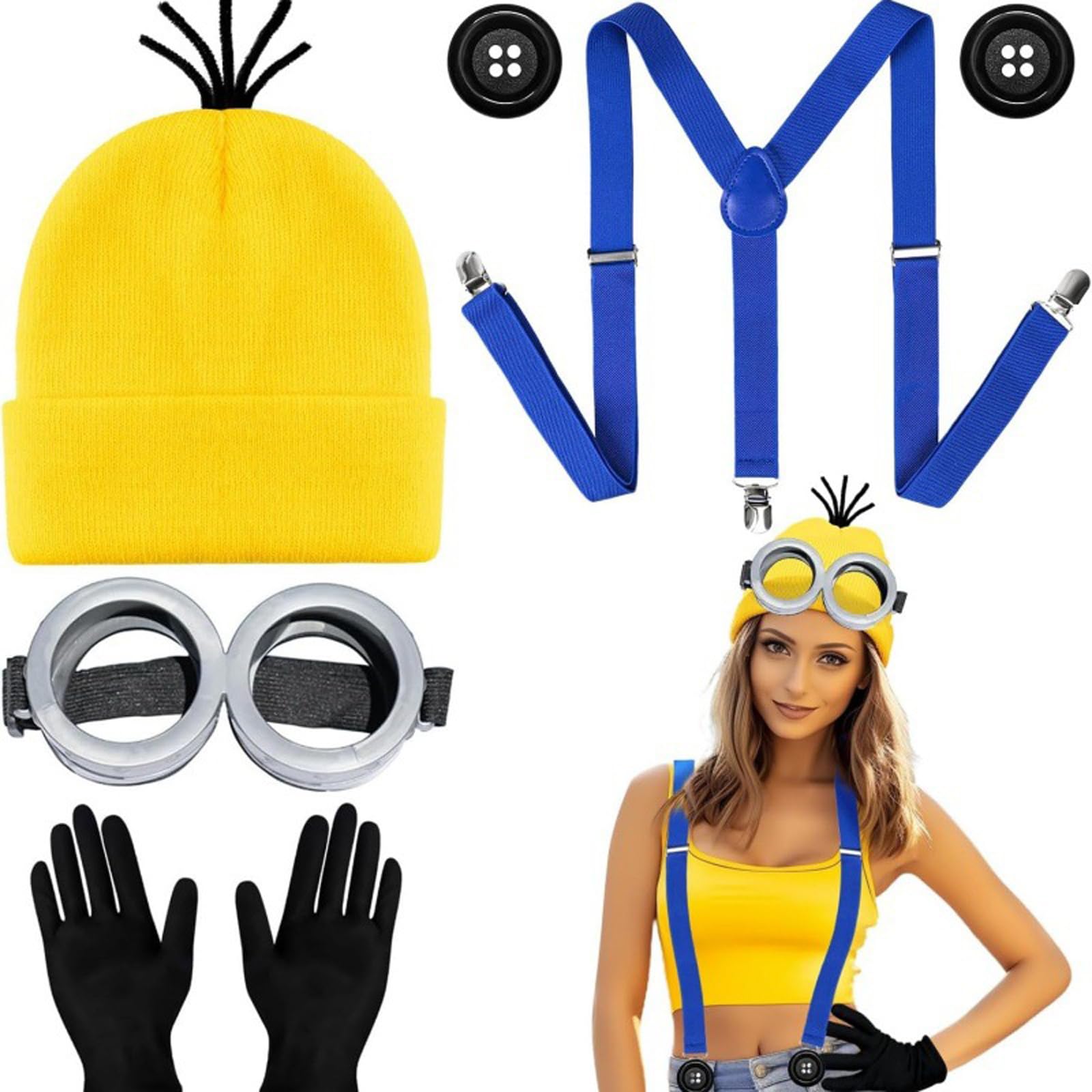 DXPETA 5 Piece SetMinion Costume, Minion Goggles with Yellow Hat and Straps, Fancy Dress Accessories for Halloween and Cosplay, Unisex Costume for Kids and Adults