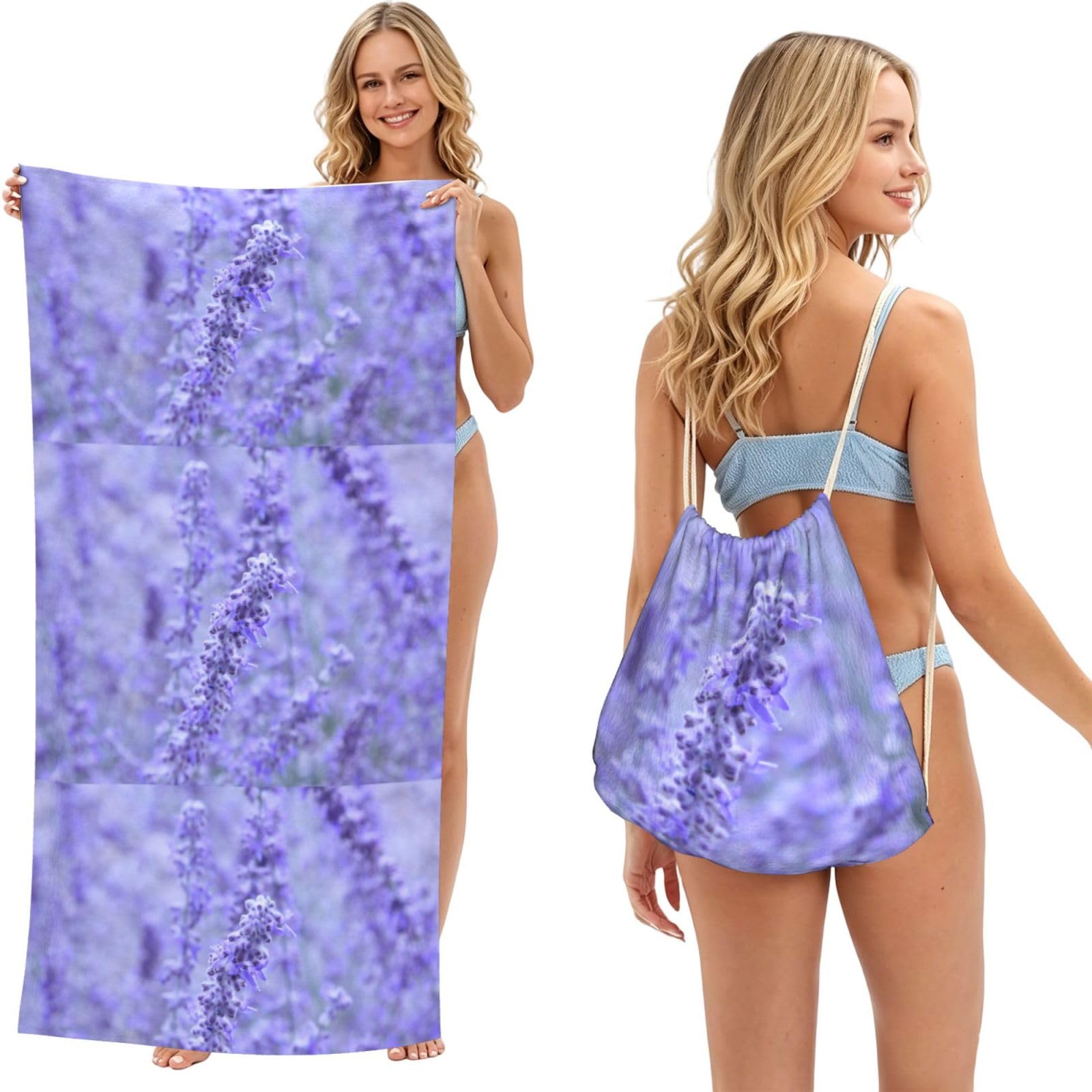 Poadnly Lavender Colored Flowers, 2 in 1 Packable Towel Bag, Beach Towels with Drawstring Backpack for Travel Holiday Camping