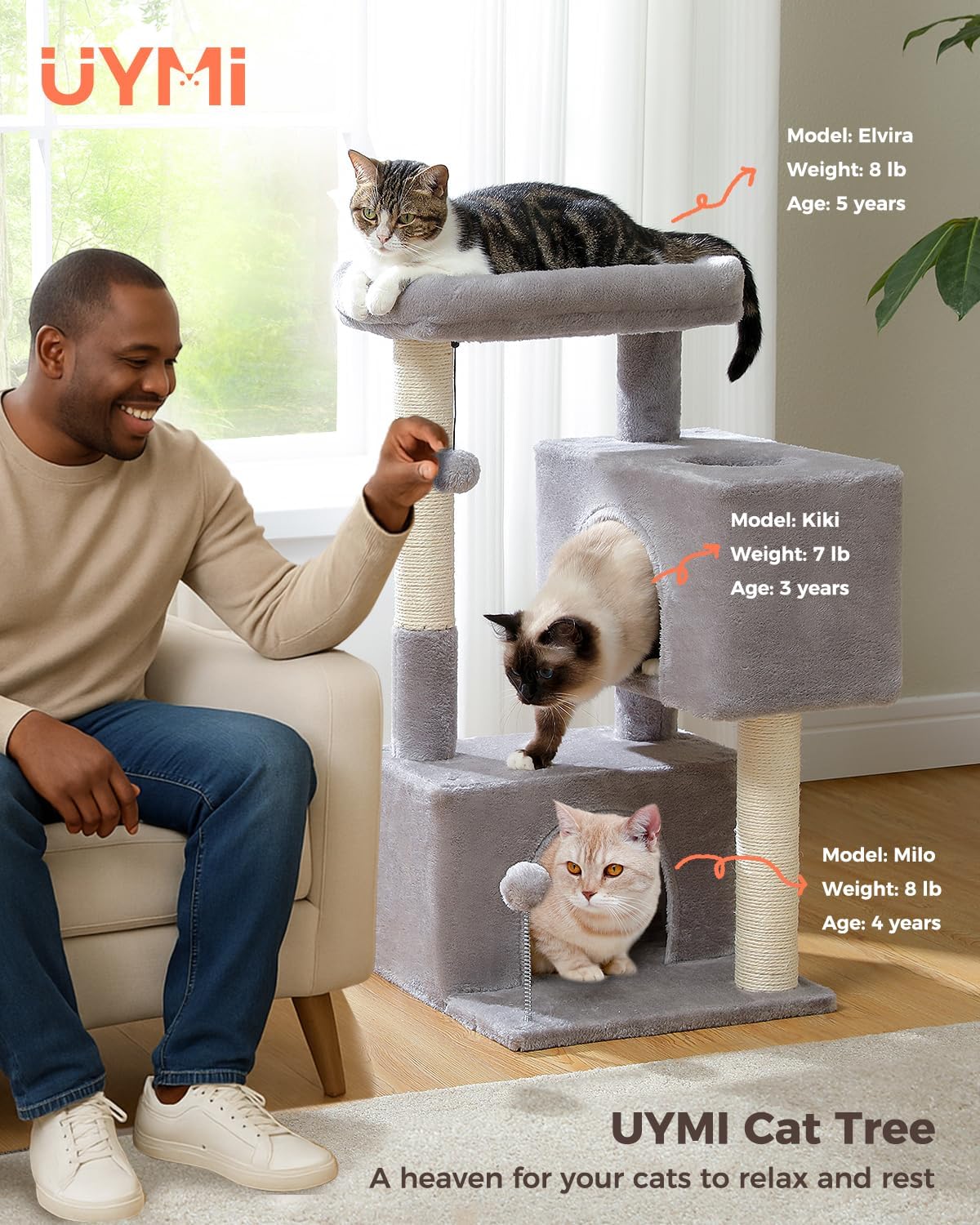 32" Cat Tree Tower for Indoor Cats - 2 Cozy Condos, Multi-Level Cat Scratching Posts with Sisal, Soft Padded Perch, 2 Dangling Toys, Light Grey