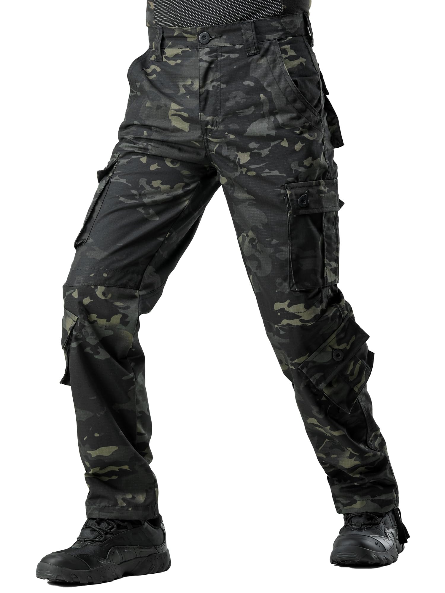 AKHIKING Men's Camo Cargo Work Pants Cotton Casual Tactical Ripstop Wild Outdoor Combat Trousers with 8 Pockets 01CP 40Wx32L
