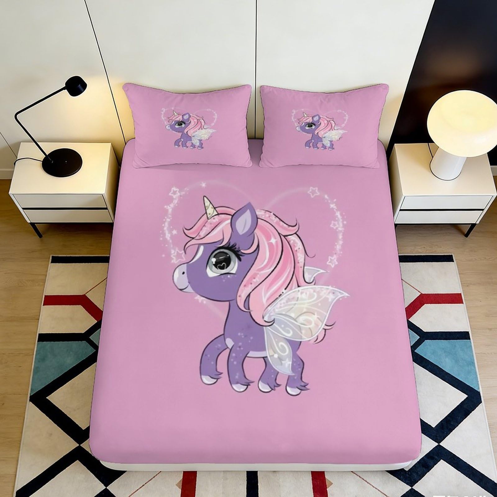 3D Printed Purple Unicorn Fitted Sheet Microfiber Soft Pink Fantasy Winged Horse Mattress Cover Bedroom Dorm Decor 90x200x25cm