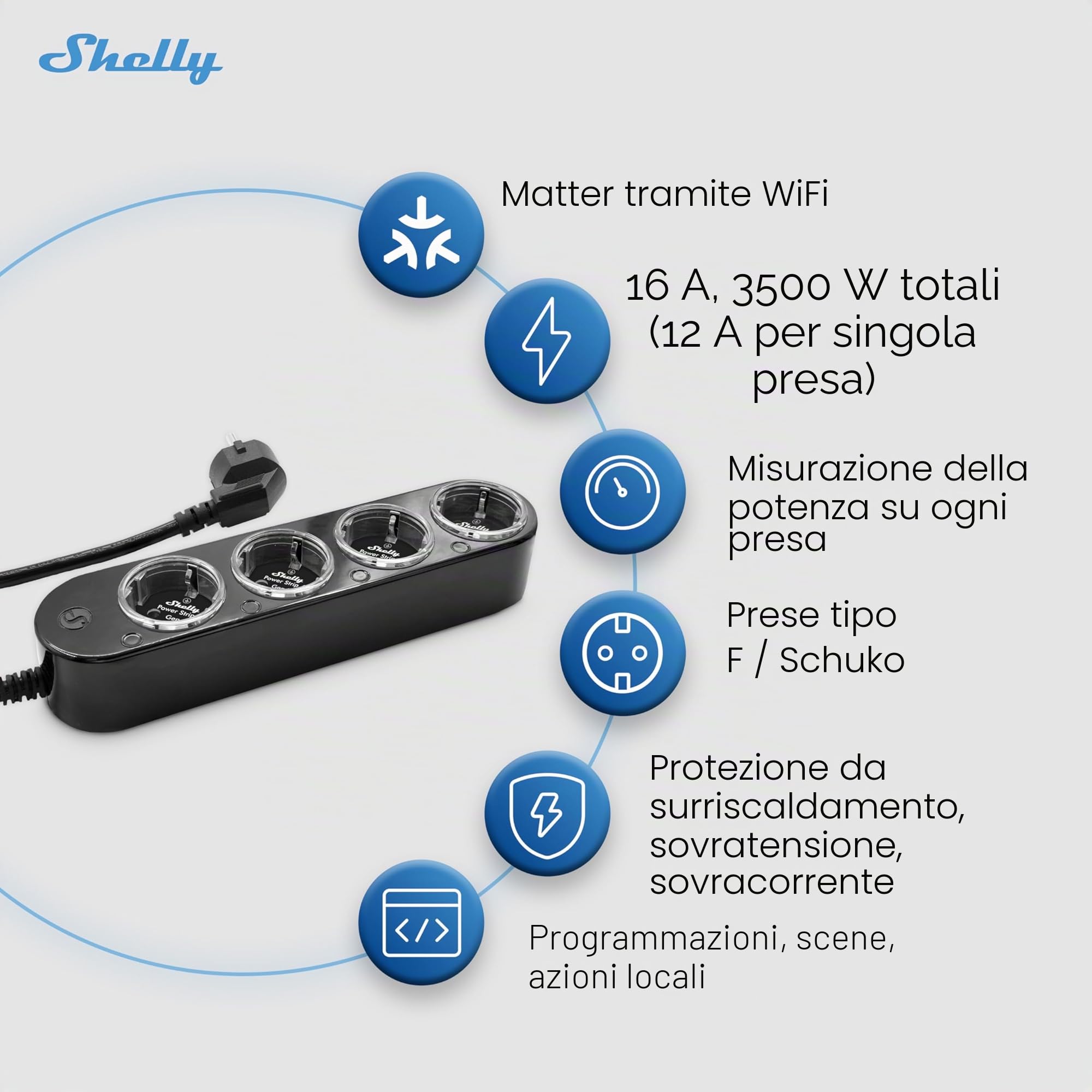Shelly Power Strip 4 Gen4 Nero - Ciabatta Smart Matter & Wi-Fi, 4 Prese Intelligenti, Misurazione Potenza, 16A Totali 3500W, Timer, Riscaldamento, Zigbee, Google, Alexa, Apple, Nessun Hub Richiesto